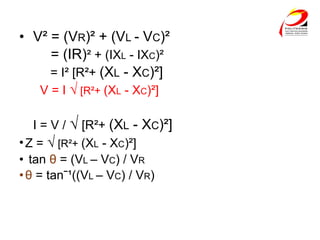 • V² = (VR)² + (VL - VC)²
= (IR)² + (IXL - IXC)²
= I² [R²+ (XL - XC)²]
V = I √ [R²+ (XL - XC)²]
I = V / √ [R²+ (XL - XC)²]
•Z = √ [R²+ (XL - XC)²]
• tan θ = (VL – VC) / VR
•θ = tanˉ¹((VL – VC) / VR)
 