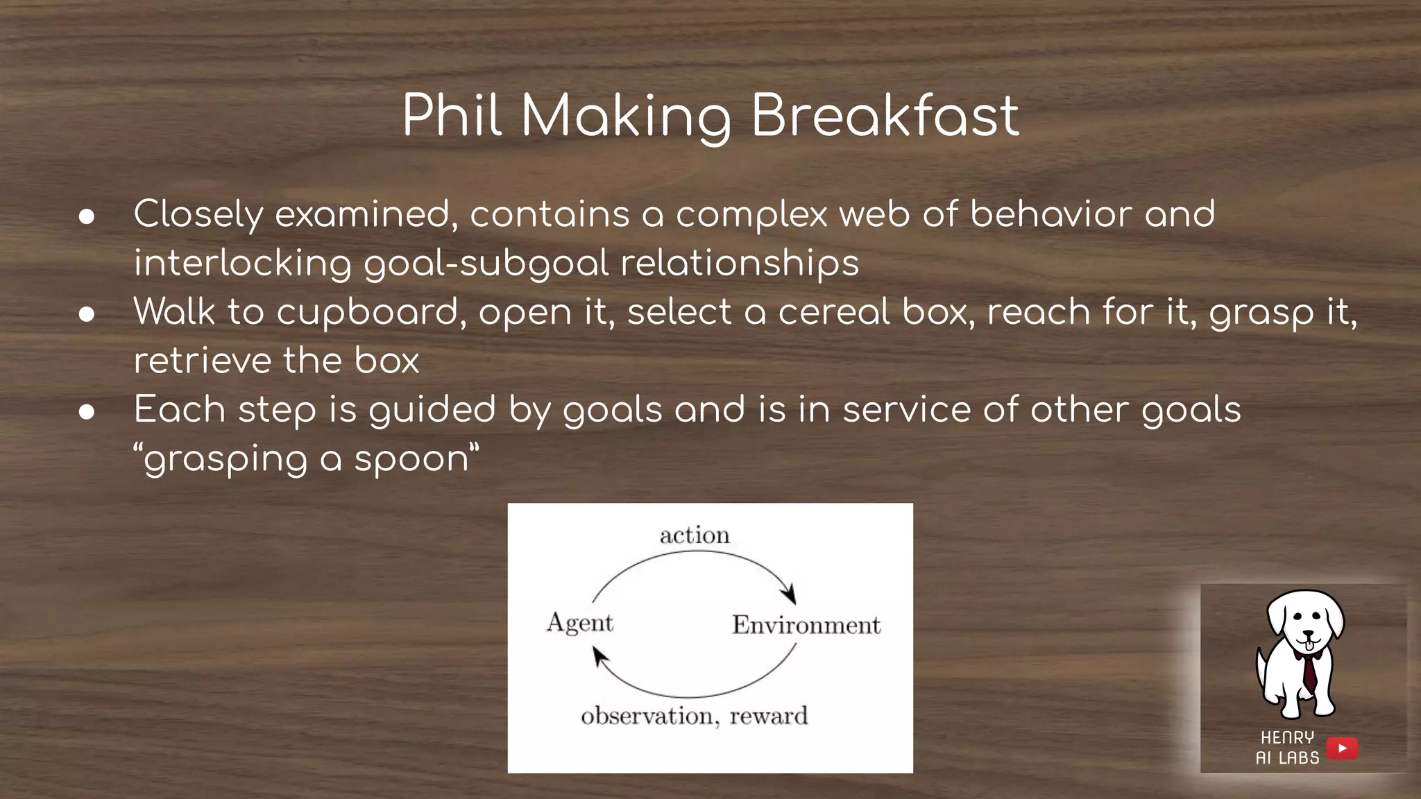 Phil Making Breakfast
● Closely examined, contains a complex web of behavior and
interlocking goal-subgoal relationships
● Walk to cupboard, open it, select a cereal box, reach for it, grasp it,
retrieve the box
● Each step is guided by goals and is in service of other goals
“grasping a spoon”
 