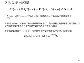 50
アドバンテージ関数
より，直感的には行動のみの価値を表す
アドバンテージが正の行動の選択確率を上げ，負の行動の選択確率が下がるよう
に方策を更新することで方策が改善できると考えられる
以下の更新式はアドバンテージに基づく方策改善をしていると解釈可能
 
