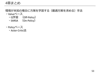 53
4章まとめ
環境が未知の場合に方策を学習する（最適方策を求める）手法
・Valueベース
・Q学習 （Off-Policy）
・SARSA （On-Policy）
・Policyベース
・Actor-Critic法
 