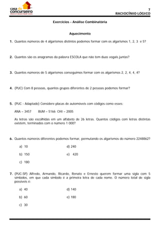 7
RACIOCÍNIO LÓGICO
Exercícios - Análise Combinatória
Aquecimento
1. Quantos números de 4 algarismos distintos podemos formar com os algarismos 1, 2, 3 e 5?

2. Quantos são os anagramas da palavra ESCOLA que não tem duas vogais juntas?

3. Quantos números de 5 algarismos conseguimos formar com os algarismos 2, 2, 4, 4, 4?

4. (PUC) Com 8 pessoas, quantos grupos diferentes de 2 pessoas podemos formar?

5. (PUC - Adaptado) Considere placas de automóveis com códigos como esses:
ANA – 3457

BUM – 5166 CHI – 2005

As letras são escolhidas em um alfabeto de 26 letras. Quantos códigos com letras distintas
existem, terminados com o número 1 000?

6. Quantos números diferentes podemos formar, permutando os algarismos do número 2248862?
a) 10

d) 240

b) 150

e) 420

c) 180
7. (PUC-SP) Alfredo, Armando, Ricardo, Renato e Ernesto querem formar uma sigla com 5
símbolos, em que cada símbolo é a primeira letra de cada nome. O número total de sigla
possíveis é:
a) 40

d) 140

b) 60

e) 180

c) 30

 