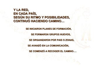 Y LA RED,
EN CADA PAÍS,
SEGÚN SU RITMO Y POSIBILIDADES,
CONTINUÓ HACIENDO CAMINO…
SE INICIARON PLANES DE FORMACIÓN,
SE FORMARON GRUPOS NUEVOS,
SE ORGANIZARON POR PAIS O ZONAS,
SE AVANZÓ EN LA COMUNICACIÓN,
SE COMENZÓ A RECOGER EL CAMINO….

 