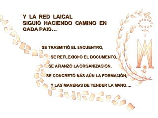 Y LA RED LAICAL
SIGUIÓ HACIENDO CAMINO EN
CADA PAIS…
SE TRASMITIÓ EL ENCUENTRO,
SE REFLEXIONÓ EL DOCUMENTO,
SE AFIANZÓ LA ORGANIZACIÓN,
SE CONCRETÓ MÁS AÚN LA FORMACIÓN,
Y LAS MANERAS DE TENDER LA MANO….

 