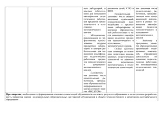 ных лабораторий, и
центров робототех-
ники для повышения
квалификации педа-
гогических работни-
ков предметов техно-
логического и есте-
ственно-
математического
циклов
 Методические
рекомендации по эф-
фективному исполь-
зованию ресурсов
предметных лабора-
торий, и центров ро-
бототехники для по-
вышения квалифика-
ции педагогических
работников предме-
тов технологического
и естественно-
математического
циклов
 Положитель-
ная динамика числа
педагогических ра-
ботников, прошед-
ших обучение на базе
информационного
центра атомной энер-
гии «РОСАТОМ»
разования детей, СПО и
ВПО;
 Положительная
динамика числа образо-
вательных организаций,
осуществляющих взаи-
модействие с предмет-
ными лабораториями и
центрами образователь-
ной робототехники в ча-
сти повышения квалифи-
кации педагогов предме-
тов технологического и
естественно-
математического цикла;
 On-line тематиче-
ские семинары по освое-
нию педагогами иннова-
ционных педагогических
технологий по примене-
нию естественно-
математических и техно-
логических компетенций
ная динамика числа
педагогических ра-
ботников, представ-
ляющих опыт инно-
вационной деятель-
ности в рамках по-
вышения квалифи-
кации педагогов
технологического и
естественно-
математического
циклов
 Внесение в
программах разви-
тия образовательных
организаций инди-
кативных показате-
лей, отражающих
деятельность по
освоению педагоги-
ческими работника-
ми инновационных
педагогических тех-
нологий
Противоречие: необходимость формирования ключевых компетенций обучающихся как нового результата образования и недостаточная разработан-
ность механизма оценки индивидуальных образовательных достижений обучающихся в области технологического и естественно-математического
образования
 