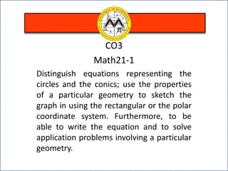 CO3
Math21-1
Distinguish equations representing the
circles and the conics; use the properties
of a particular geometry to sketch the
graph in using the rectangular or the polar
coordinate system. Furthermore, to be
able to write the equation and to solve
application problems involving a particular
geometry.
 