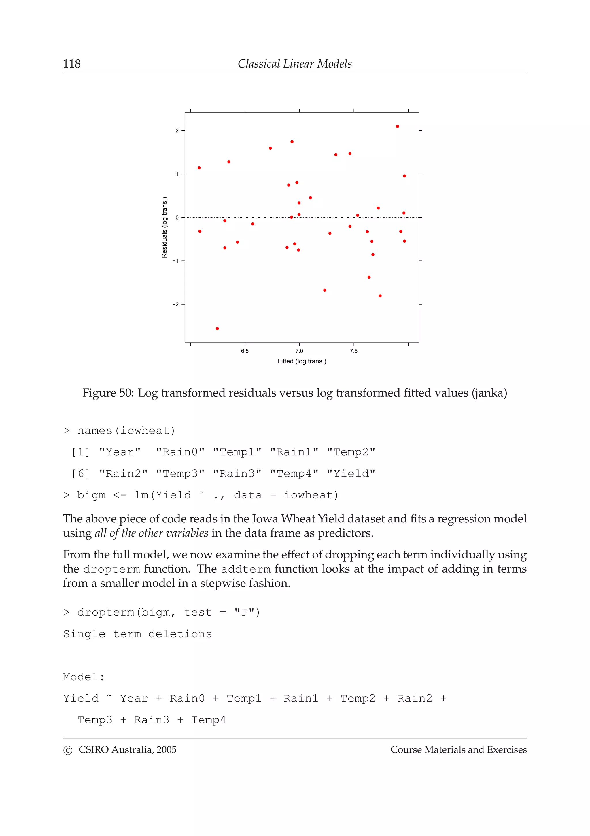 118 Classical Linear Models
Fitted (log trans.)
Residuals(logtrans.)
6.5 7.0 7.5
−2
−1
0
1
2
Figure 50: Log transformed residuals versus log transformed ﬁtted values (janka)
> names(iowheat)
[1] "Year" "Rain0" "Temp1" "Rain1" "Temp2"
[6] "Rain2" "Temp3" "Rain3" "Temp4" "Yield"
> bigm <- lm(Yield ˜ ., data = iowheat)
The above piece of code reads in the Iowa Wheat Yield dataset and ﬁts a regression model
using all of the other variables in the data frame as predictors.
From the full model, we now examine the effect of dropping each term individually using
the dropterm function. The addterm function looks at the impact of adding in terms
from a smaller model in a stepwise fashion.
> dropterm(bigm, test = "F")
Single term deletions
Model:
Yield ˜ Year + Rain0 + Temp1 + Rain1 + Temp2 + Rain2 +
Temp3 + Rain3 + Temp4
c CSIRO Australia, 2005 Course Materials and Exercises
 