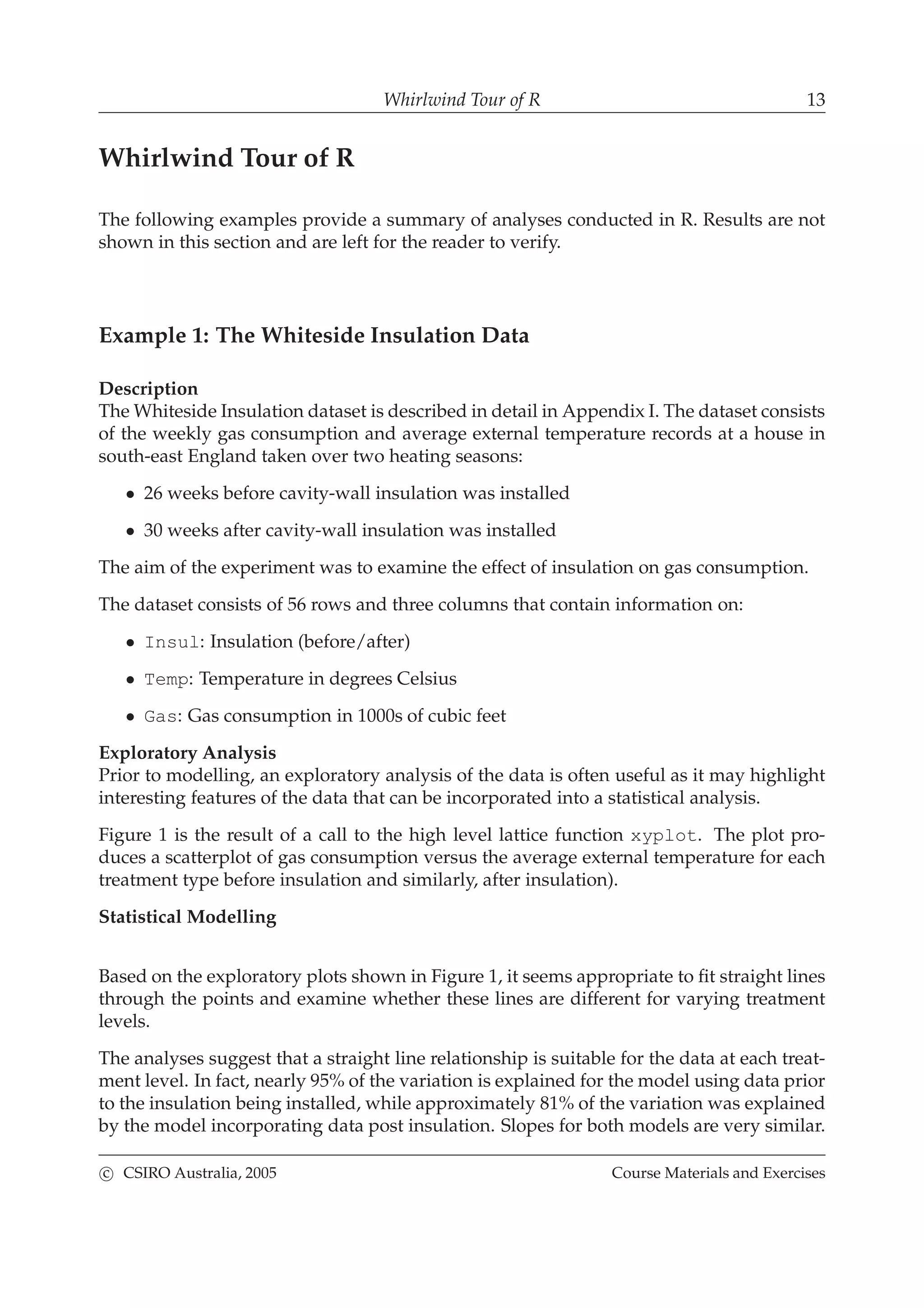 Whirlwind Tour of R 13
Whirlwind Tour of R
The following examples provide a summary of analyses conducted in R. Results are not
shown in this section and are left for the reader to verify.
Example 1: The Whiteside Insulation Data
Description
The Whiteside Insulation dataset is described in detail in Appendix I. The dataset consists
of the weekly gas consumption and average external temperature records at a house in
south-east England taken over two heating seasons:
• 26 weeks before cavity-wall insulation was installed
• 30 weeks after cavity-wall insulation was installed
The aim of the experiment was to examine the effect of insulation on gas consumption.
The dataset consists of 56 rows and three columns that contain information on:
• Insul: Insulation (before/after)
• Temp: Temperature in degrees Celsius
• Gas: Gas consumption in 1000s of cubic feet
Exploratory Analysis
Prior to modelling, an exploratory analysis of the data is often useful as it may highlight
interesting features of the data that can be incorporated into a statistical analysis.
Figure 1 is the result of a call to the high level lattice function xyplot. The plot pro-
duces a scatterplot of gas consumption versus the average external temperature for each
treatment type before insulation and similarly, after insulation).
Statistical Modelling
Based on the exploratory plots shown in Figure 1, it seems appropriate to ﬁt straight lines
through the points and examine whether these lines are different for varying treatment
levels.
The analyses suggest that a straight line relationship is suitable for the data at each treat-
ment level. In fact, nearly 95% of the variation is explained for the model using data prior
to the insulation being installed, while approximately 81% of the variation was explained
by the model incorporating data post insulation. Slopes for both models are very similar.
c CSIRO Australia, 2005 Course Materials and Exercises
 