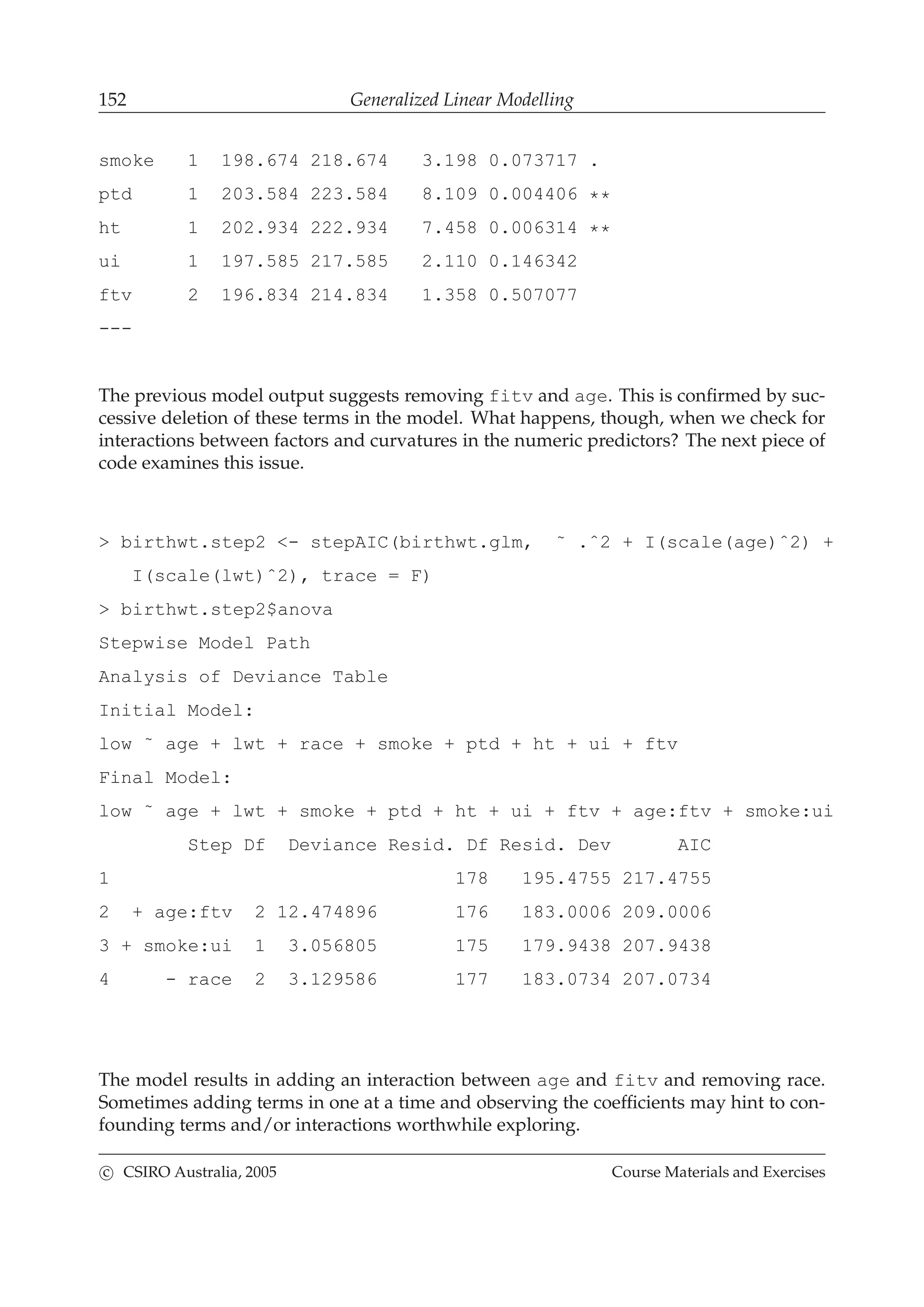 152 Generalized Linear Modelling
smoke 1 198.674 218.674 3.198 0.073717 .
ptd 1 203.584 223.584 8.109 0.004406 **
ht 1 202.934 222.934 7.458 0.006314 **
ui 1 197.585 217.585 2.110 0.146342
ftv 2 196.834 214.834 1.358 0.507077
---
The previous model output suggests removing fitv and age. This is conﬁrmed by suc-
cessive deletion of these terms in the model. What happens, though, when we check for
interactions between factors and curvatures in the numeric predictors? The next piece of
code examines this issue.
> birthwt.step2 <- stepAIC(birthwt.glm, ˜ .ˆ2 + I(scale(age)ˆ2) +
I(scale(lwt)ˆ2), trace = F)
> birthwt.step2$anova
Stepwise Model Path
Analysis of Deviance Table
Initial Model:
low ˜ age + lwt + race + smoke + ptd + ht + ui + ftv
Final Model:
low ˜ age + lwt + smoke + ptd + ht + ui + ftv + age:ftv + smoke:ui
Step Df Deviance Resid. Df Resid. Dev AIC
1 178 195.4755 217.4755
2 + age:ftv 2 12.474896 176 183.0006 209.0006
3 + smoke:ui 1 3.056805 175 179.9438 207.9438
4 - race 2 3.129586 177 183.0734 207.0734
The model results in adding an interaction between age and fitv and removing race.
Sometimes adding terms in one at a time and observing the coefﬁcients may hint to con-
founding terms and/or interactions worthwhile exploring.
c CSIRO Australia, 2005 Course Materials and Exercises
 