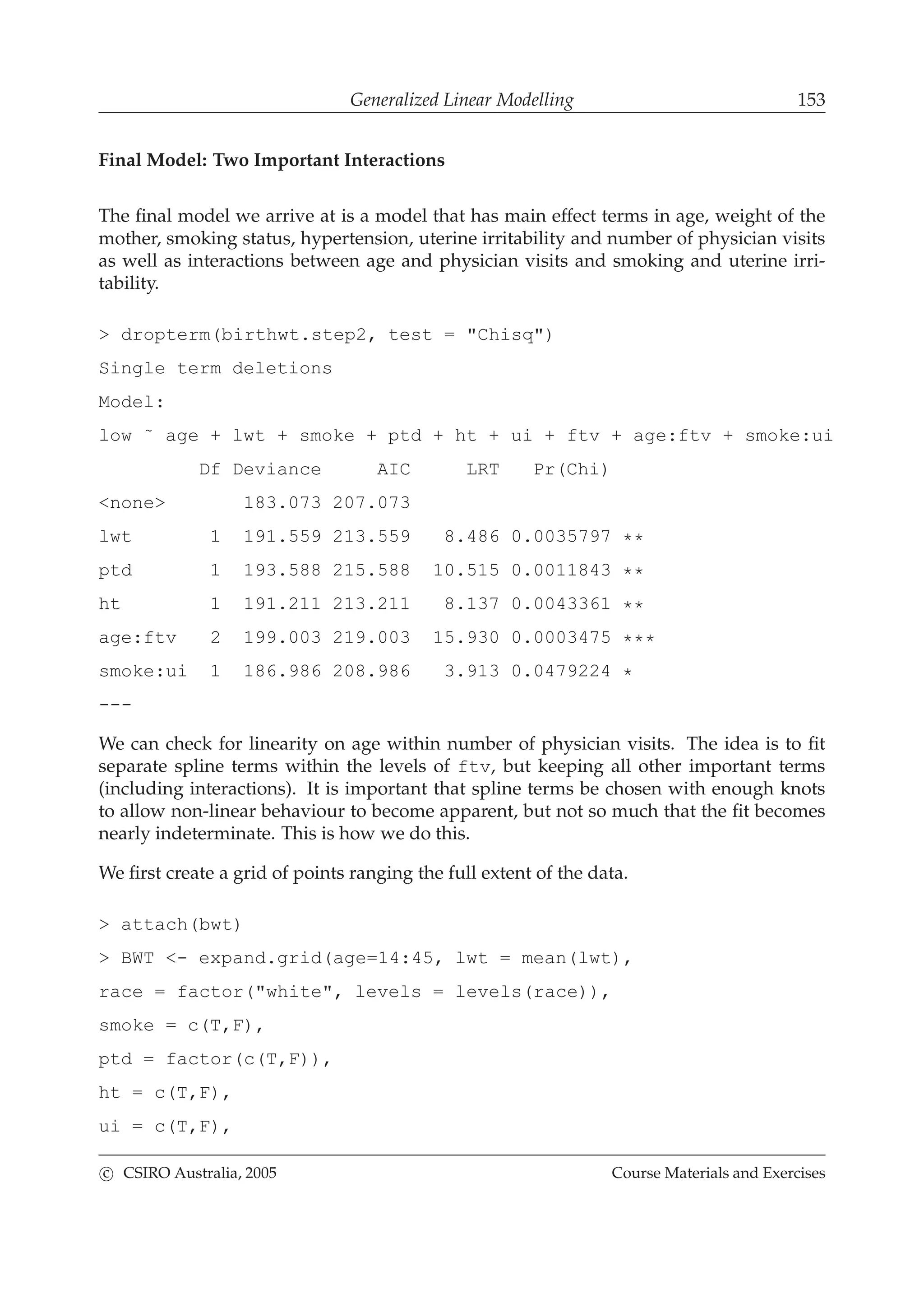 Generalized Linear Modelling 153
Final Model: Two Important Interactions
The ﬁnal model we arrive at is a model that has main effect terms in age, weight of the
mother, smoking status, hypertension, uterine irritability and number of physician visits
as well as interactions between age and physician visits and smoking and uterine irri-
tability.
> dropterm(birthwt.step2, test = "Chisq")
Single term deletions
Model:
low ˜ age + lwt + smoke + ptd + ht + ui + ftv + age:ftv + smoke:ui
Df Deviance AIC LRT Pr(Chi)
<none> 183.073 207.073
lwt 1 191.559 213.559 8.486 0.0035797 **
ptd 1 193.588 215.588 10.515 0.0011843 **
ht 1 191.211 213.211 8.137 0.0043361 **
age:ftv 2 199.003 219.003 15.930 0.0003475 ***
smoke:ui 1 186.986 208.986 3.913 0.0479224 *
---
We can check for linearity on age within number of physician visits. The idea is to ﬁt
separate spline terms within the levels of ftv, but keeping all other important terms
(including interactions). It is important that spline terms be chosen with enough knots
to allow non-linear behaviour to become apparent, but not so much that the ﬁt becomes
nearly indeterminate. This is how we do this.
We ﬁrst create a grid of points ranging the full extent of the data.
> attach(bwt)
> BWT <- expand.grid(age=14:45, lwt = mean(lwt),
race = factor("white", levels = levels(race)),
smoke = c(T,F),
ptd = factor(c(T,F)),
ht = c(T,F),
ui = c(T,F),
c CSIRO Australia, 2005 Course Materials and Exercises
 