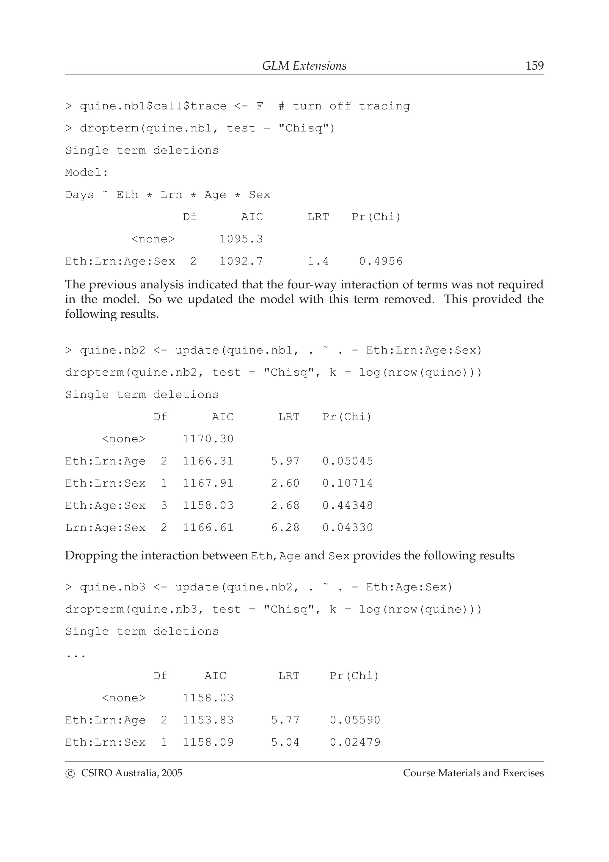 GLM Extensions 159
> quine.nb1$call$trace <- F # turn off tracing
> dropterm(quine.nb1, test = "Chisq")
Single term deletions
Model:
Days ˜ Eth * Lrn * Age * Sex
Df AIC LRT Pr(Chi)
<none> 1095.3
Eth:Lrn:Age:Sex 2 1092.7 1.4 0.4956
The previous analysis indicated that the four-way interaction of terms was not required
in the model. So we updated the model with this term removed. This provided the
following results.
> quine.nb2 <- update(quine.nb1, . ˜ . - Eth:Lrn:Age:Sex)
dropterm(quine.nb2, test = "Chisq", k = log(nrow(quine)))
Single term deletions
Df AIC LRT Pr(Chi)
<none> 1170.30
Eth:Lrn:Age 2 1166.31 5.97 0.05045
Eth:Lrn:Sex 1 1167.91 2.60 0.10714
Eth:Age:Sex 3 1158.03 2.68 0.44348
Lrn:Age:Sex 2 1166.61 6.28 0.04330
Dropping the interaction between Eth, Age and Sex provides the following results
> quine.nb3 <- update(quine.nb2, . ˜ . - Eth:Age:Sex)
dropterm(quine.nb3, test = "Chisq", k = log(nrow(quine)))
Single term deletions
...
Df AIC LRT Pr(Chi)
<none> 1158.03
Eth:Lrn:Age 2 1153.83 5.77 0.05590
Eth:Lrn:Sex 1 1158.09 5.04 0.02479
c CSIRO Australia, 2005 Course Materials and Exercises
 