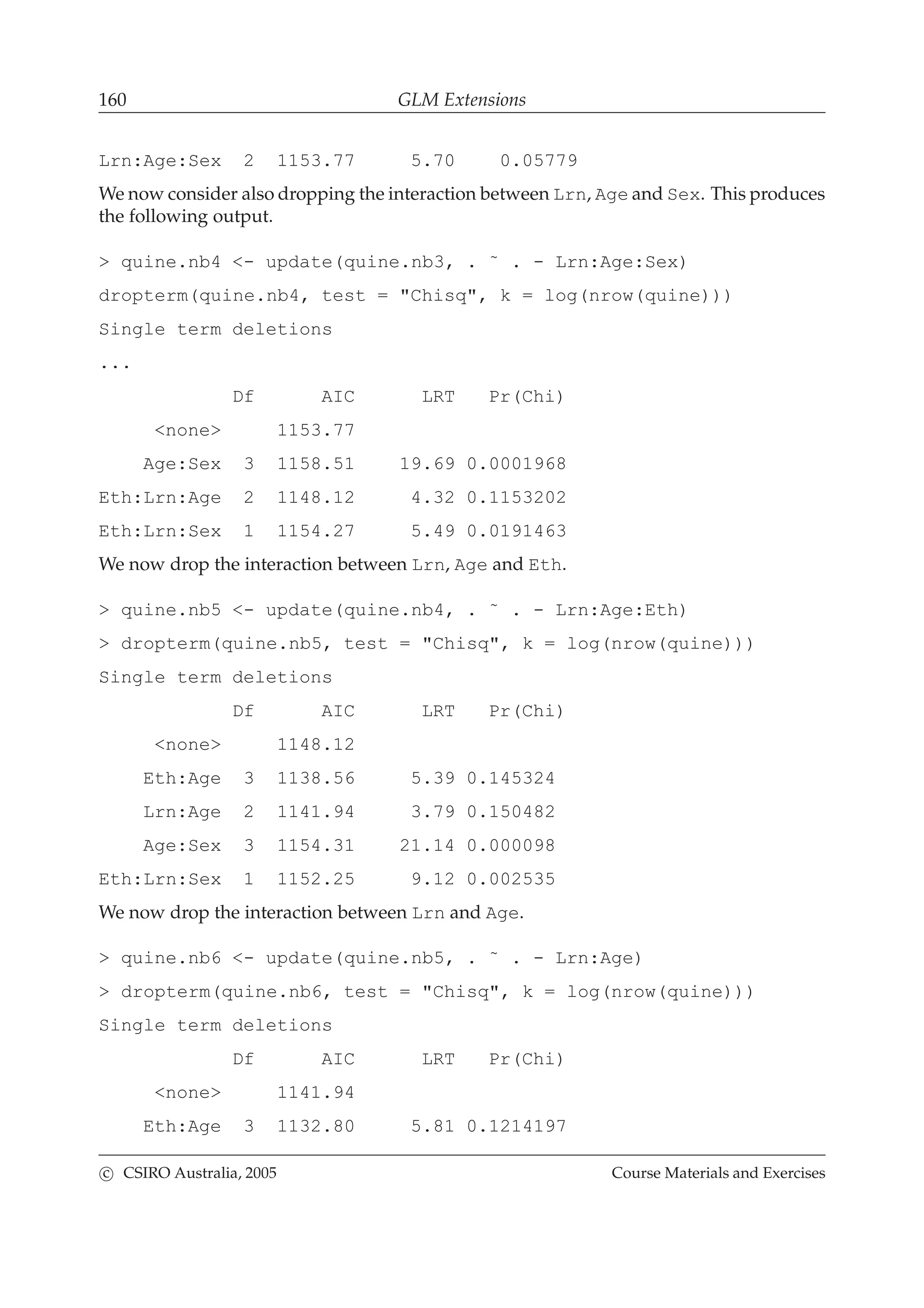 160 GLM Extensions
Lrn:Age:Sex 2 1153.77 5.70 0.05779
We now consider also dropping the interaction between Lrn, Age and Sex. This produces
the following output.
> quine.nb4 <- update(quine.nb3, . ˜ . - Lrn:Age:Sex)
dropterm(quine.nb4, test = "Chisq", k = log(nrow(quine)))
Single term deletions
...
Df AIC LRT Pr(Chi)
<none> 1153.77
Age:Sex 3 1158.51 19.69 0.0001968
Eth:Lrn:Age 2 1148.12 4.32 0.1153202
Eth:Lrn:Sex 1 1154.27 5.49 0.0191463
We now drop the interaction between Lrn, Age and Eth.
> quine.nb5 <- update(quine.nb4, . ˜ . - Lrn:Age:Eth)
> dropterm(quine.nb5, test = "Chisq", k = log(nrow(quine)))
Single term deletions
Df AIC LRT Pr(Chi)
<none> 1148.12
Eth:Age 3 1138.56 5.39 0.145324
Lrn:Age 2 1141.94 3.79 0.150482
Age:Sex 3 1154.31 21.14 0.000098
Eth:Lrn:Sex 1 1152.25 9.12 0.002535
We now drop the interaction between Lrn and Age.
> quine.nb6 <- update(quine.nb5, . ˜ . - Lrn:Age)
> dropterm(quine.nb6, test = "Chisq", k = log(nrow(quine)))
Single term deletions
Df AIC LRT Pr(Chi)
<none> 1141.94
Eth:Age 3 1132.80 5.81 0.1214197
c CSIRO Australia, 2005 Course Materials and Exercises
 