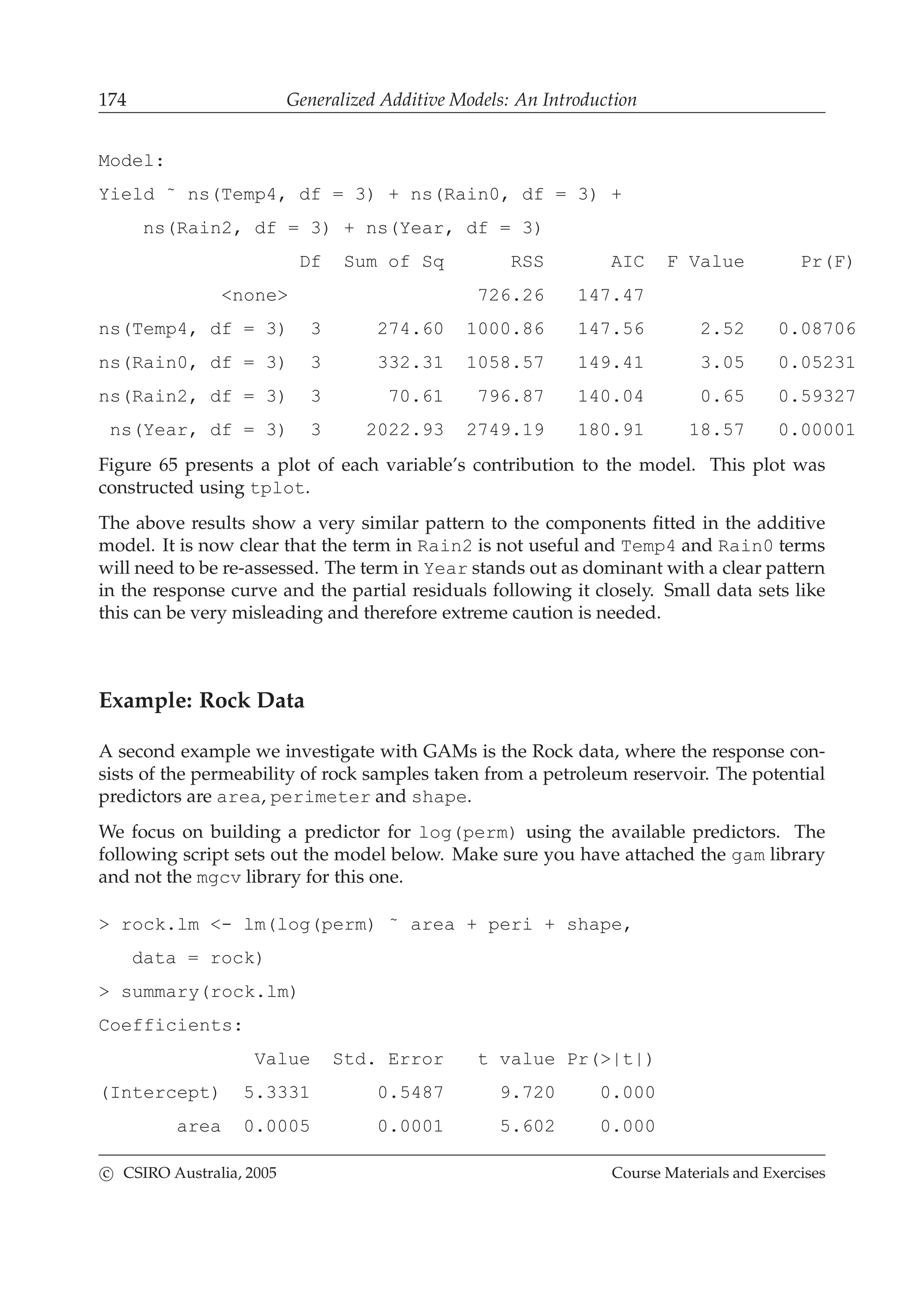 174 Generalized Additive Models: An Introduction
Model:
Yield ˜ ns(Temp4, df = 3) + ns(Rain0, df = 3) +
ns(Rain2, df = 3) + ns(Year, df = 3)
Df Sum of Sq RSS AIC F Value Pr(F)
<none> 726.26 147.47
ns(Temp4, df = 3) 3 274.60 1000.86 147.56 2.52 0.08706
ns(Rain0, df = 3) 3 332.31 1058.57 149.41 3.05 0.05231
ns(Rain2, df = 3) 3 70.61 796.87 140.04 0.65 0.59327
ns(Year, df = 3) 3 2022.93 2749.19 180.91 18.57 0.00001
Figure 65 presents a plot of each variable’s contribution to the model. This plot was
constructed using tplot.
The above results show a very similar pattern to the components ﬁtted in the additive
model. It is now clear that the term in Rain2 is not useful and Temp4 and Rain0 terms
will need to be re-assessed. The term in Year stands out as dominant with a clear pattern
in the response curve and the partial residuals following it closely. Small data sets like
this can be very misleading and therefore extreme caution is needed.
Example: Rock Data
A second example we investigate with GAMs is the Rock data, where the response con-
sists of the permeability of rock samples taken from a petroleum reservoir. The potential
predictors are area, perimeter and shape.
We focus on building a predictor for log(perm) using the available predictors. The
following script sets out the model below. Make sure you have attached the gam library
and not the mgcv library for this one.
> rock.lm <- lm(log(perm) ˜ area + peri + shape,
data = rock)
> summary(rock.lm)
Coefficients:
Value Std. Error t value Pr(>|t|)
(Intercept) 5.3331 0.5487 9.720 0.000
area 0.0005 0.0001 5.602 0.000
c CSIRO Australia, 2005 Course Materials and Exercises
 