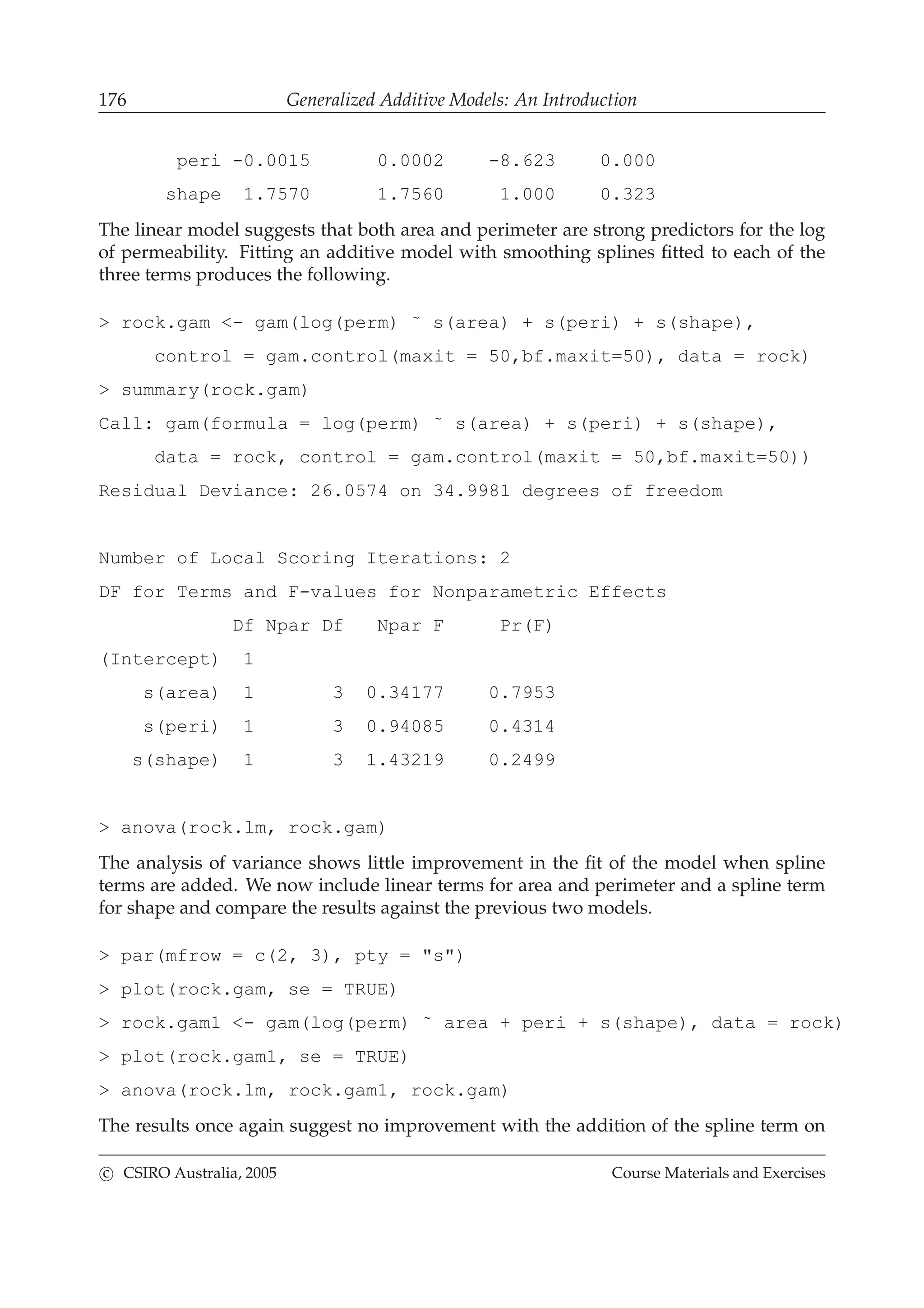 176 Generalized Additive Models: An Introduction
peri -0.0015 0.0002 -8.623 0.000
shape 1.7570 1.7560 1.000 0.323
The linear model suggests that both area and perimeter are strong predictors for the log
of permeability. Fitting an additive model with smoothing splines ﬁtted to each of the
three terms produces the following.
> rock.gam <- gam(log(perm) ˜ s(area) + s(peri) + s(shape),
control = gam.control(maxit = 50,bf.maxit=50), data = rock)
> summary(rock.gam)
Call: gam(formula = log(perm) ˜ s(area) + s(peri) + s(shape),
data = rock, control = gam.control(maxit = 50,bf.maxit=50))
Residual Deviance: 26.0574 on 34.9981 degrees of freedom
Number of Local Scoring Iterations: 2
DF for Terms and F-values for Nonparametric Effects
Df Npar Df Npar F Pr(F)
(Intercept) 1
s(area) 1 3 0.34177 0.7953
s(peri) 1 3 0.94085 0.4314
s(shape) 1 3 1.43219 0.2499
> anova(rock.lm, rock.gam)
The analysis of variance shows little improvement in the ﬁt of the model when spline
terms are added. We now include linear terms for area and perimeter and a spline term
for shape and compare the results against the previous two models.
> par(mfrow = c(2, 3), pty = "s")
> plot(rock.gam, se = TRUE)
> rock.gam1 <- gam(log(perm) ˜ area + peri + s(shape), data = rock)
> plot(rock.gam1, se = TRUE)
> anova(rock.lm, rock.gam1, rock.gam)
The results once again suggest no improvement with the addition of the spline term on
c CSIRO Australia, 2005 Course Materials and Exercises
 