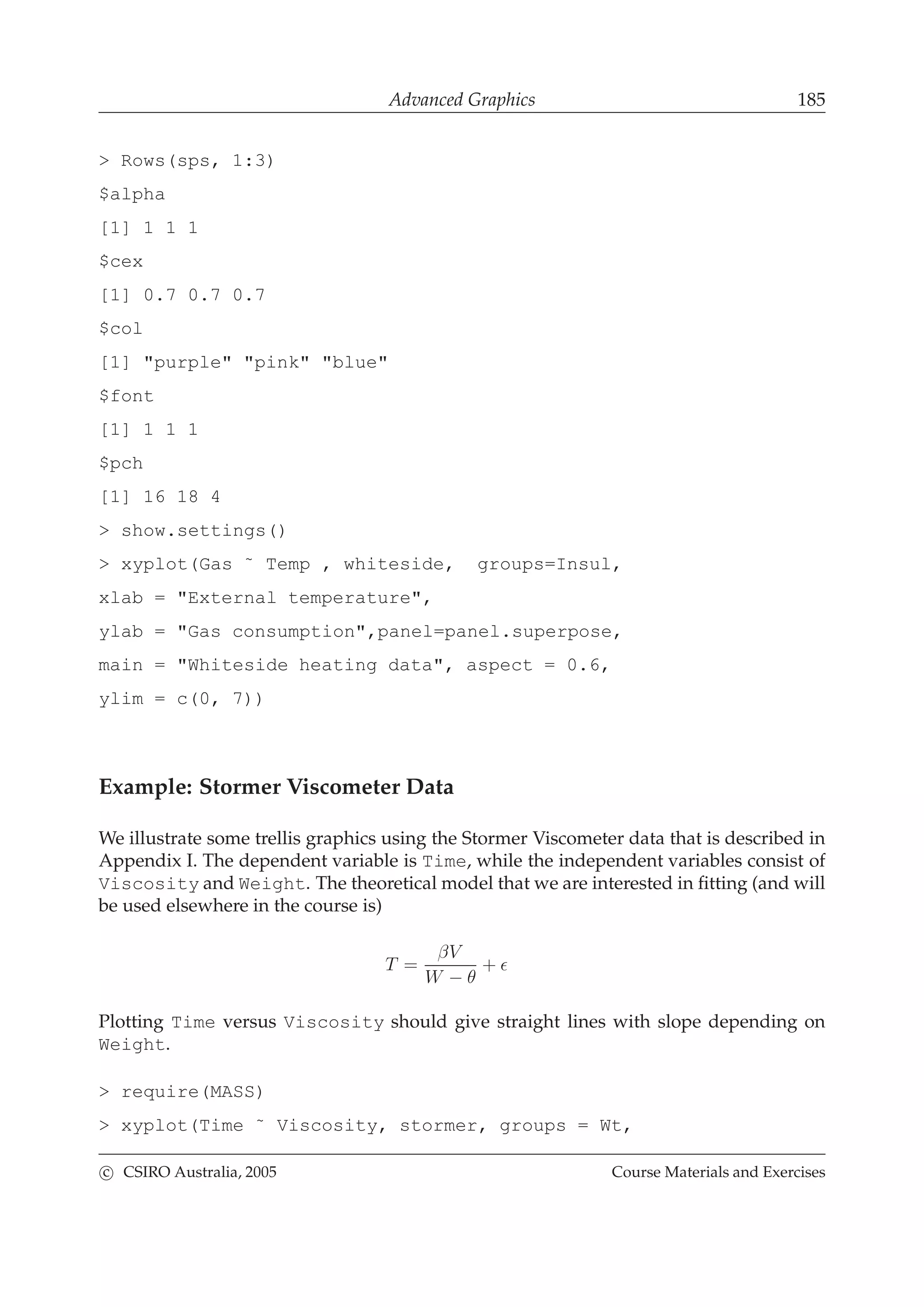 Advanced Graphics 185
> Rows(sps, 1:3)
$alpha
[1] 1 1 1
$cex
[1] 0.7 0.7 0.7
$col
[1] "purple" "pink" "blue"
$font
[1] 1 1 1
$pch
[1] 16 18 4
> show.settings()
> xyplot(Gas ˜ Temp , whiteside, groups=Insul,
xlab = "External temperature",
ylab = "Gas consumption",panel=panel.superpose,
main = "Whiteside heating data", aspect = 0.6,
ylim = c(0, 7))
Example: Stormer Viscometer Data
We illustrate some trellis graphics using the Stormer Viscometer data that is described in
Appendix I. The dependent variable is Time, while the independent variables consist of
Viscosity and Weight. The theoretical model that we are interested in ﬁtting (and will
be used elsewhere in the course is)
T =
βV
W − θ
+ ǫ
Plotting Time versus Viscosity should give straight lines with slope depending on
Weight.
> require(MASS)
> xyplot(Time ˜ Viscosity, stormer, groups = Wt,
c CSIRO Australia, 2005 Course Materials and Exercises
 