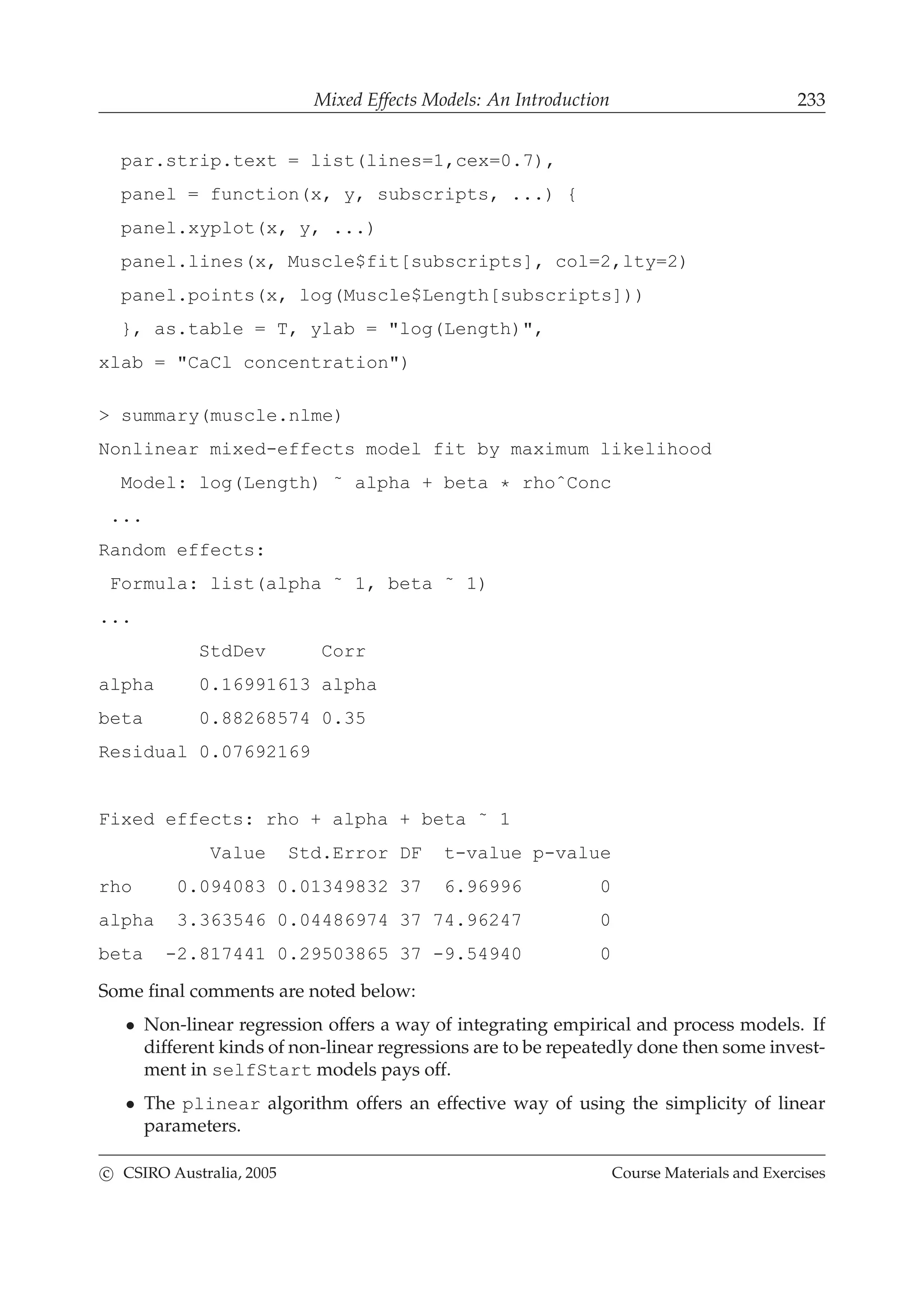 Mixed Effects Models: An Introduction 233
par.strip.text = list(lines=1,cex=0.7),
panel = function(x, y, subscripts, ...) {
panel.xyplot(x, y, ...)
panel.lines(x, Muscle$fit[subscripts], col=2,lty=2)
panel.points(x, log(Muscle$Length[subscripts]))
}, as.table = T, ylab = "log(Length)",
xlab = "CaCl concentration")
> summary(muscle.nlme)
Nonlinear mixed-effects model fit by maximum likelihood
Model: log(Length) ˜ alpha + beta * rhoˆConc
...
Random effects:
Formula: list(alpha ˜ 1, beta ˜ 1)
...
StdDev Corr
alpha 0.16991613 alpha
beta 0.88268574 0.35
Residual 0.07692169
Fixed effects: rho + alpha + beta ˜ 1
Value Std.Error DF t-value p-value
rho 0.094083 0.01349832 37 6.96996 0
alpha 3.363546 0.04486974 37 74.96247 0
beta -2.817441 0.29503865 37 -9.54940 0
Some ﬁnal comments are noted below:
• Non-linear regression offers a way of integrating empirical and process models. If
different kinds of non-linear regressions are to be repeatedly done then some invest-
ment in selfStart models pays off.
• The plinear algorithm offers an effective way of using the simplicity of linear
parameters.
c CSIRO Australia, 2005 Course Materials and Exercises
 