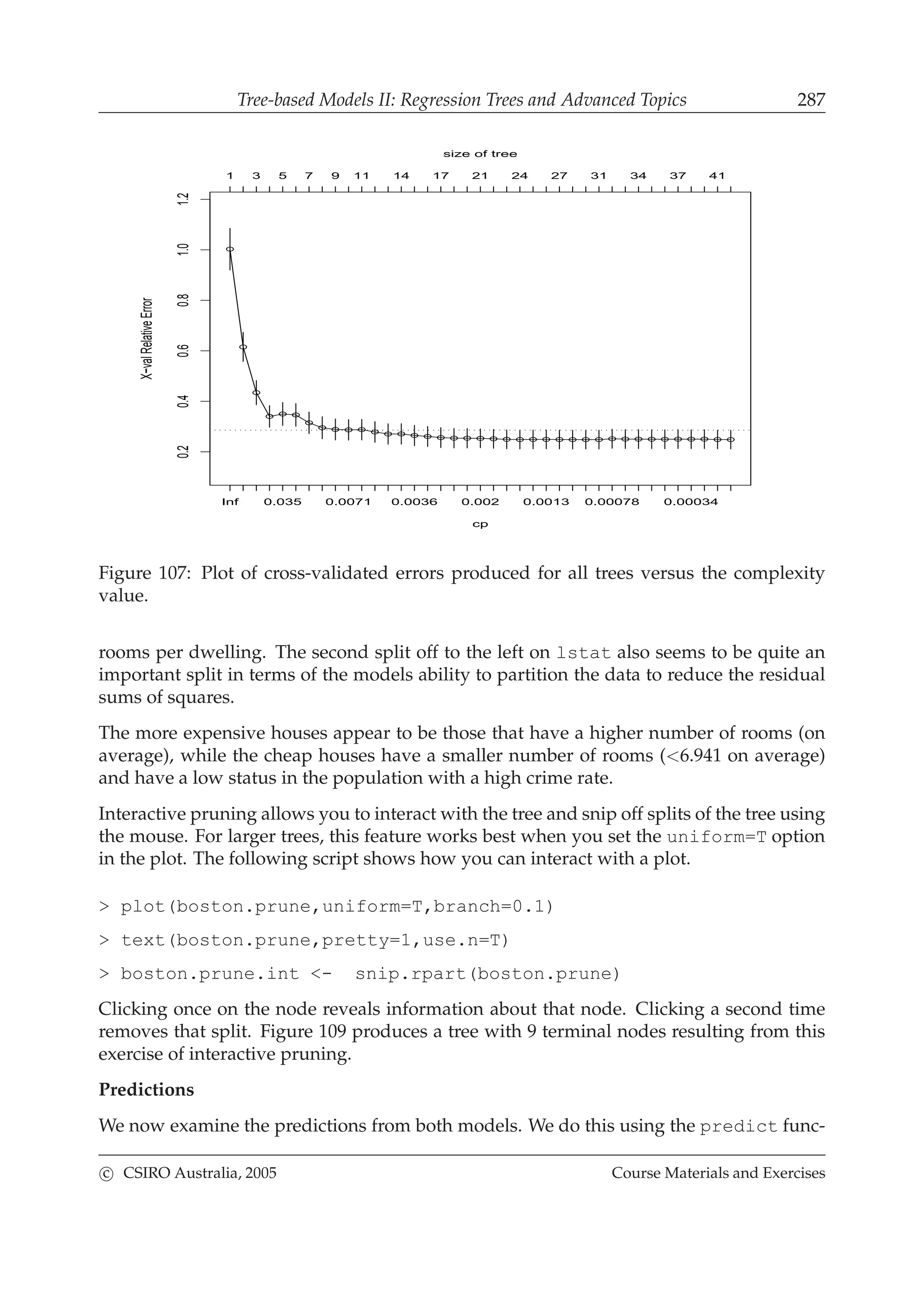Tree-based Models II: Regression Trees and Advanced Topics 287
cp
X−valRelativeError
0.20.40.60.81.01.2
Inf 0.035 0.0071 0.0036 0.002 0.0013 0.00078 0.00034
1 3 5 7 9 11 14 17 21 24 27 31 34 37 41
size of tree
Figure 107: Plot of cross-validated errors produced for all trees versus the complexity
value.
rooms per dwelling. The second split off to the left on lstat also seems to be quite an
important split in terms of the models ability to partition the data to reduce the residual
sums of squares.
The more expensive houses appear to be those that have a higher number of rooms (on
average), while the cheap houses have a smaller number of rooms (<6.941 on average)
and have a low status in the population with a high crime rate.
Interactive pruning allows you to interact with the tree and snip off splits of the tree using
the mouse. For larger trees, this feature works best when you set the uniform=T option
in the plot. The following script shows how you can interact with a plot.
> plot(boston.prune,uniform=T,branch=0.1)
> text(boston.prune,pretty=1,use.n=T)
> boston.prune.int <- snip.rpart(boston.prune)
Clicking once on the node reveals information about that node. Clicking a second time
removes that split. Figure 109 produces a tree with 9 terminal nodes resulting from this
exercise of interactive pruning.
Predictions
We now examine the predictions from both models. We do this using the predict func-
c CSIRO Australia, 2005 Course Materials and Exercises
 