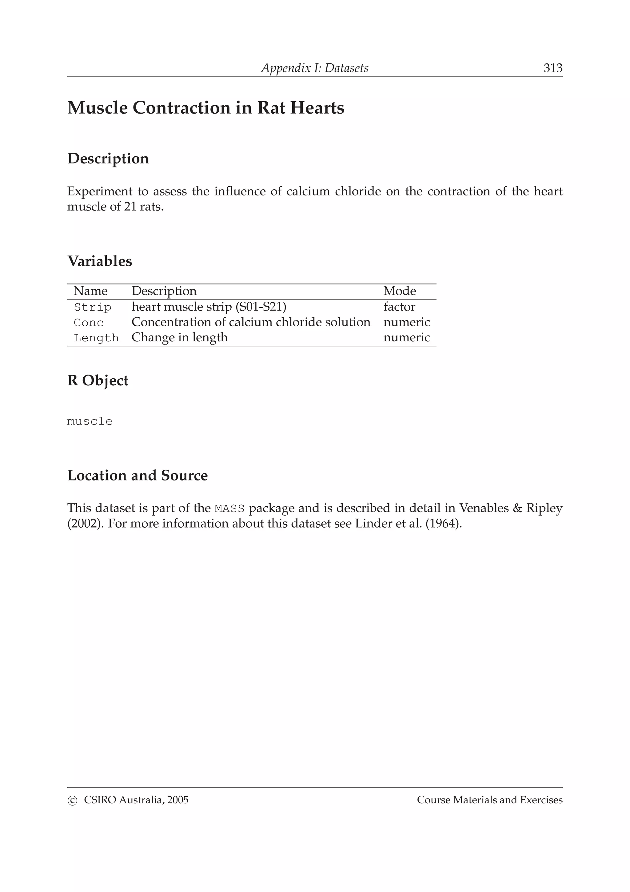 Appendix I: Datasets 313
Muscle Contraction in Rat Hearts
Description
Experiment to assess the inﬂuence of calcium chloride on the contraction of the heart
muscle of 21 rats.
Variables
Name Description Mode
Strip heart muscle strip (S01-S21) factor
Conc Concentration of calcium chloride solution numeric
Length Change in length numeric
R Object
muscle
Location and Source
This dataset is part of the MASS package and is described in detail in Venables & Ripley
(2002). For more information about this dataset see Linder et al. (1964).
c CSIRO Australia, 2005 Course Materials and Exercises
 