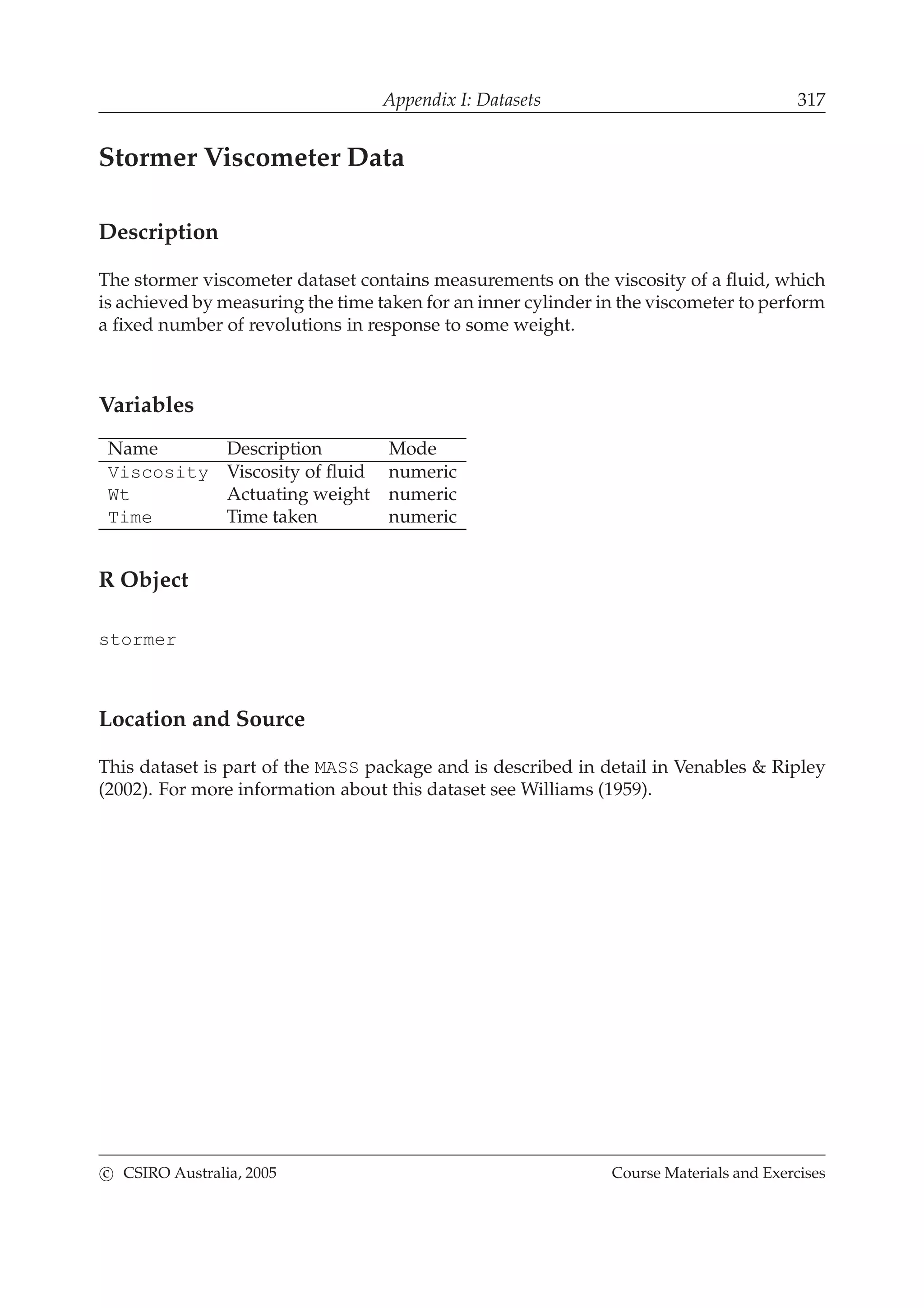 Appendix I: Datasets 317
Stormer Viscometer Data
Description
The stormer viscometer dataset contains measurements on the viscosity of a ﬂuid, which
is achieved by measuring the time taken for an inner cylinder in the viscometer to perform
a ﬁxed number of revolutions in response to some weight.
Variables
Name Description Mode
Viscosity Viscosity of ﬂuid numeric
Wt Actuating weight numeric
Time Time taken numeric
R Object
stormer
Location and Source
This dataset is part of the MASS package and is described in detail in Venables & Ripley
(2002). For more information about this dataset see Williams (1959).
c CSIRO Australia, 2005 Course Materials and Exercises
 
