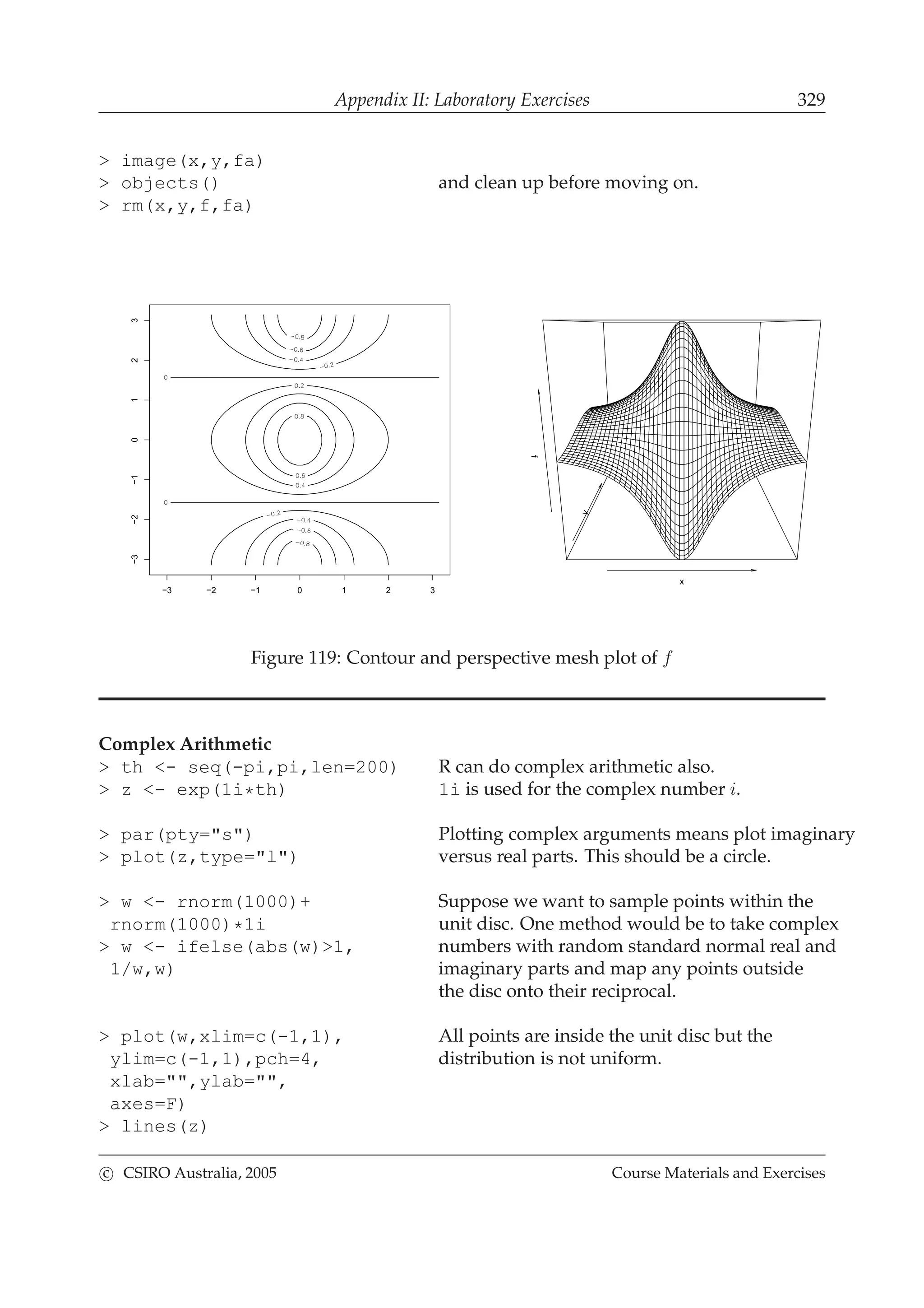 Appendix II: Laboratory Exercises 329
> image(x,y,fa)
> objects() and clean up before moving on.
> rm(x,y,f,fa)
−3 −2 −1 0 1 2 3
−3−2−10123
xy
f
Figure 119: Contour and perspective mesh plot of f
Complex Arithmetic
> th <- seq(-pi,pi,len=200) R can do complex arithmetic also.
> z <- exp(1i*th) 1i is used for the complex number i.
> par(pty="s") Plotting complex arguments means plot imaginary
> plot(z,type="l") versus real parts. This should be a circle.
> w <- rnorm(1000)+ Suppose we want to sample points within the
rnorm(1000)*1i unit disc. One method would be to take complex
> w <- ifelse(abs(w)>1, numbers with random standard normal real and
1/w,w) imaginary parts and map any points outside
the disc onto their reciprocal.
> plot(w,xlim=c(-1,1), All points are inside the unit disc but the
ylim=c(-1,1),pch=4, distribution is not uniform.
xlab="",ylab="",
axes=F)
> lines(z)
c CSIRO Australia, 2005 Course Materials and Exercises
 