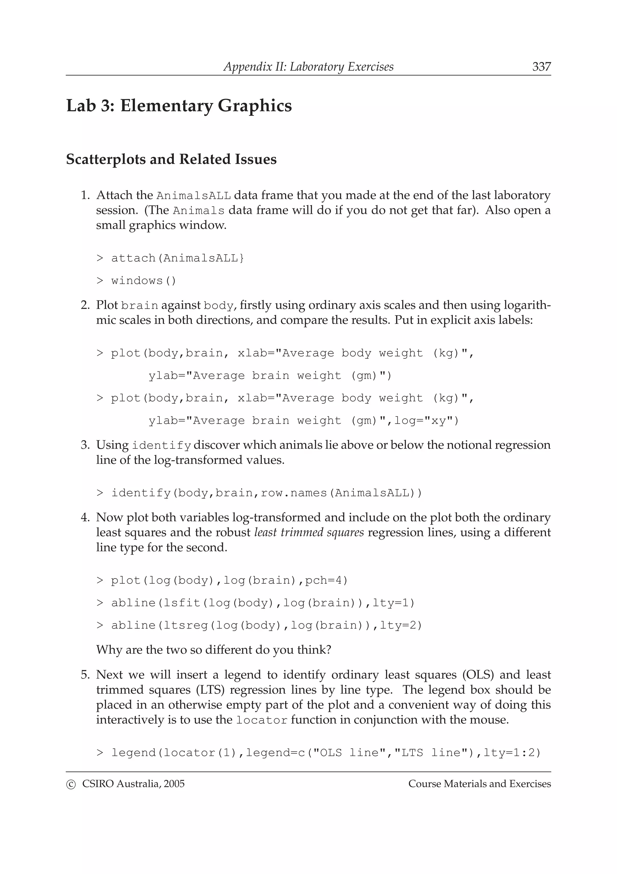 Appendix II: Laboratory Exercises 337
Lab 3: Elementary Graphics
Scatterplots and Related Issues
1. Attach the AnimalsALL data frame that you made at the end of the last laboratory
session. (The Animals data frame will do if you do not get that far). Also open a
small graphics window.
> attach(AnimalsALL}
> windows()
2. Plot brain against body, ﬁrstly using ordinary axis scales and then using logarith-
mic scales in both directions, and compare the results. Put in explicit axis labels:
> plot(body,brain, xlab="Average body weight (kg)",
ylab="Average brain weight (gm)")
> plot(body,brain, xlab="Average body weight (kg)",
ylab="Average brain weight (gm)",log="xy")
3. Using identify discover which animals lie above or below the notional regression
line of the log-transformed values.
> identify(body,brain,row.names(AnimalsALL))
4. Now plot both variables log-transformed and include on the plot both the ordinary
least squares and the robust least trimmed squares regression lines, using a different
line type for the second.
> plot(log(body),log(brain),pch=4)
> abline(lsfit(log(body),log(brain)),lty=1)
> abline(ltsreg(log(body),log(brain)),lty=2)
Why are the two so different do you think?
5. Next we will insert a legend to identify ordinary least squares (OLS) and least
trimmed squares (LTS) regression lines by line type. The legend box should be
placed in an otherwise empty part of the plot and a convenient way of doing this
interactively is to use the locator function in conjunction with the mouse.
> legend(locator(1),legend=c("OLS line","LTS line"),lty=1:2)
c CSIRO Australia, 2005 Course Materials and Exercises
 