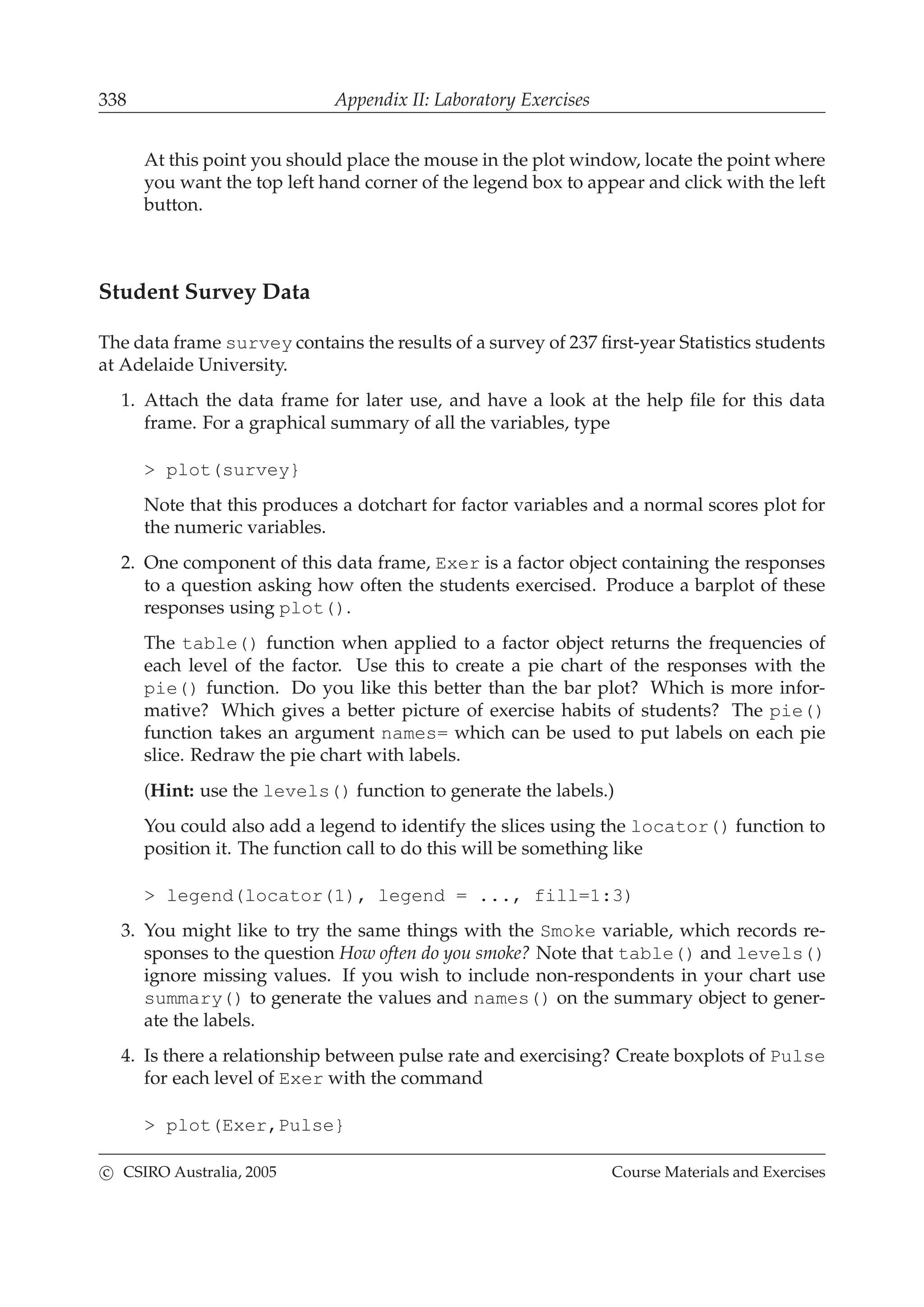 338 Appendix II: Laboratory Exercises
At this point you should place the mouse in the plot window, locate the point where
you want the top left hand corner of the legend box to appear and click with the left
button.
Student Survey Data
The data frame survey contains the results of a survey of 237 ﬁrst-year Statistics students
at Adelaide University.
1. Attach the data frame for later use, and have a look at the help ﬁle for this data
frame. For a graphical summary of all the variables, type
> plot(survey}
Note that this produces a dotchart for factor variables and a normal scores plot for
the numeric variables.
2. One component of this data frame, Exer is a factor object containing the responses
to a question asking how often the students exercised. Produce a barplot of these
responses using plot().
The table() function when applied to a factor object returns the frequencies of
each level of the factor. Use this to create a pie chart of the responses with the
pie() function. Do you like this better than the bar plot? Which is more infor-
mative? Which gives a better picture of exercise habits of students? The pie()
function takes an argument names= which can be used to put labels on each pie
slice. Redraw the pie chart with labels.
(Hint: use the levels() function to generate the labels.)
You could also add a legend to identify the slices using the locator() function to
position it. The function call to do this will be something like
> legend(locator(1), legend = ..., fill=1:3)
3. You might like to try the same things with the Smoke variable, which records re-
sponses to the question How often do you smoke? Note that table() and levels()
ignore missing values. If you wish to include non-respondents in your chart use
summary() to generate the values and names() on the summary object to gener-
ate the labels.
4. Is there a relationship between pulse rate and exercising? Create boxplots of Pulse
for each level of Exer with the command
> plot(Exer,Pulse}
c CSIRO Australia, 2005 Course Materials and Exercises
 