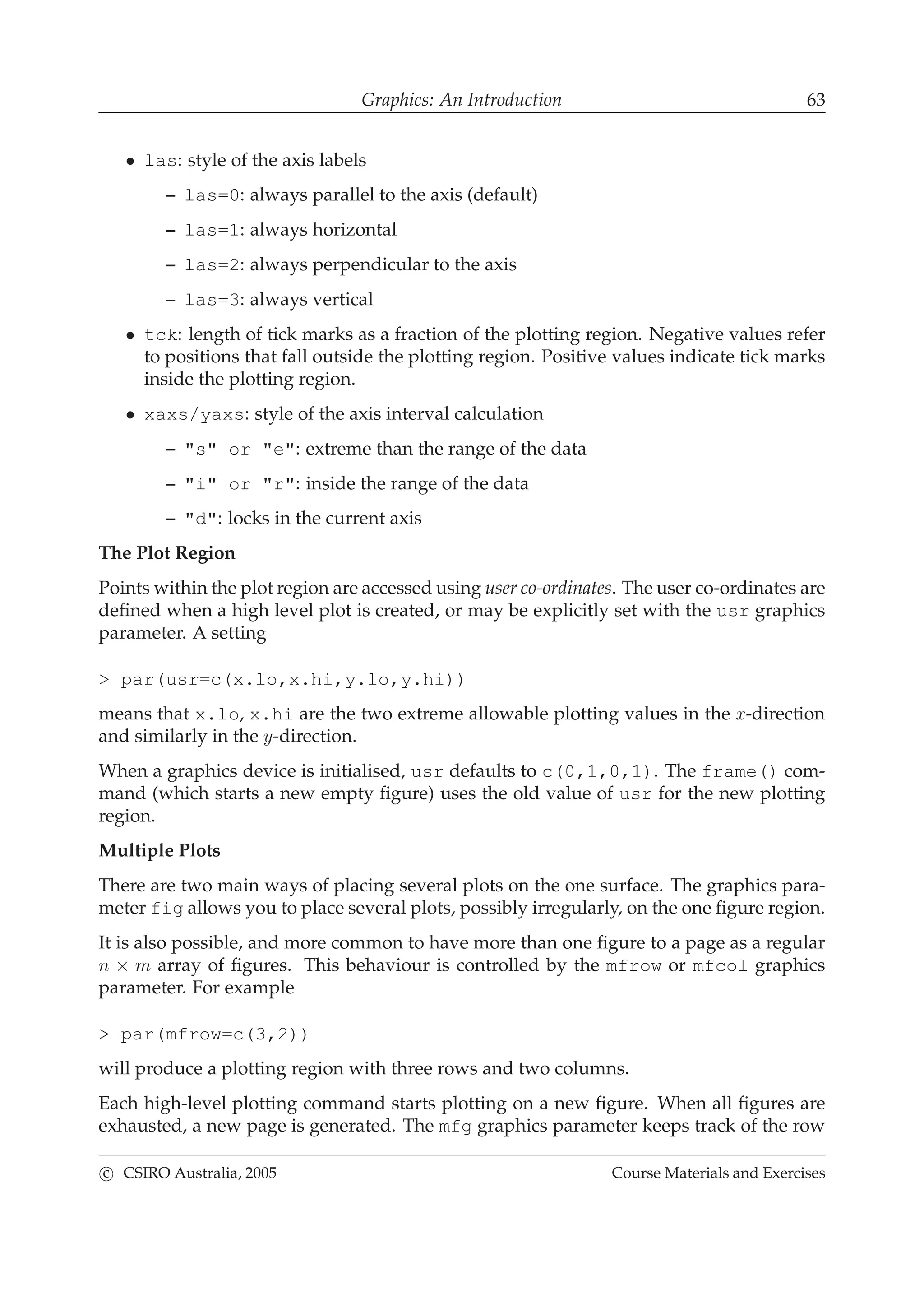 Graphics: An Introduction 63
• las: style of the axis labels
– las=0: always parallel to the axis (default)
– las=1: always horizontal
– las=2: always perpendicular to the axis
– las=3: always vertical
• tck: length of tick marks as a fraction of the plotting region. Negative values refer
to positions that fall outside the plotting region. Positive values indicate tick marks
inside the plotting region.
• xaxs/yaxs: style of the axis interval calculation
– "s" or "e": extreme than the range of the data
– "i" or "r": inside the range of the data
– "d": locks in the current axis
The Plot Region
Points within the plot region are accessed using user co-ordinates. The user co-ordinates are
deﬁned when a high level plot is created, or may be explicitly set with the usr graphics
parameter. A setting
> par(usr=c(x.lo,x.hi,y.lo,y.hi))
means that x.lo, x.hi are the two extreme allowable plotting values in the x-direction
and similarly in the y-direction.
When a graphics device is initialised, usr defaults to c(0,1,0,1). The frame() com-
mand (which starts a new empty ﬁgure) uses the old value of usr for the new plotting
region.
Multiple Plots
There are two main ways of placing several plots on the one surface. The graphics para-
meter fig allows you to place several plots, possibly irregularly, on the one ﬁgure region.
It is also possible, and more common to have more than one ﬁgure to a page as a regular
n × m array of ﬁgures. This behaviour is controlled by the mfrow or mfcol graphics
parameter. For example
> par(mfrow=c(3,2))
will produce a plotting region with three rows and two columns.
Each high-level plotting command starts plotting on a new ﬁgure. When all ﬁgures are
exhausted, a new page is generated. The mfg graphics parameter keeps track of the row
c CSIRO Australia, 2005 Course Materials and Exercises
 