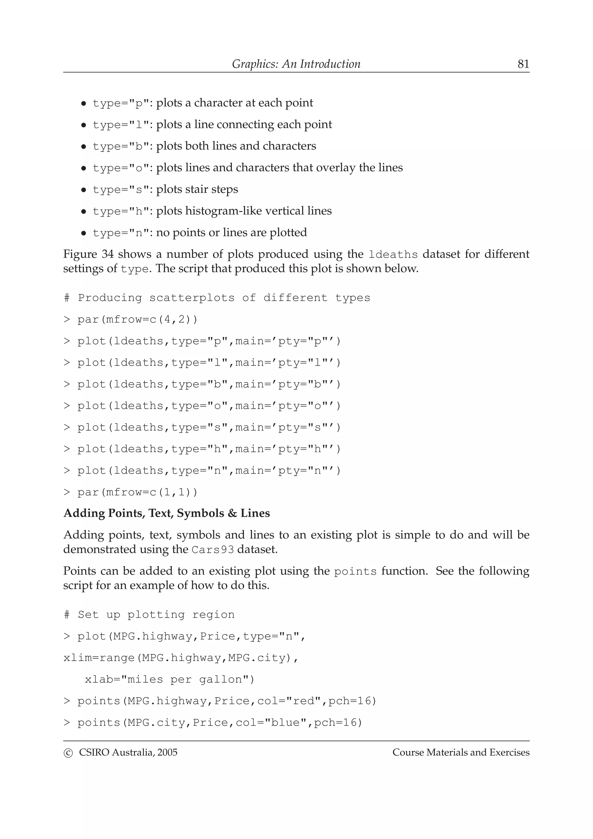 Graphics: An Introduction 81
• type="p": plots a character at each point
• type="l": plots a line connecting each point
• type="b": plots both lines and characters
• type="o": plots lines and characters that overlay the lines
• type="s": plots stair steps
• type="h": plots histogram-like vertical lines
• type="n": no points or lines are plotted
Figure 34 shows a number of plots produced using the ldeaths dataset for different
settings of type. The script that produced this plot is shown below.
# Producing scatterplots of different types
> par(mfrow=c(4,2))
> plot(ldeaths,type="p",main=’pty="p"’)
> plot(ldeaths,type="l",main=’pty="l"’)
> plot(ldeaths,type="b",main=’pty="b"’)
> plot(ldeaths,type="o",main=’pty="o"’)
> plot(ldeaths,type="s",main=’pty="s"’)
> plot(ldeaths,type="h",main=’pty="h"’)
> plot(ldeaths,type="n",main=’pty="n"’)
> par(mfrow=c(1,1))
Adding Points, Text, Symbols & Lines
Adding points, text, symbols and lines to an existing plot is simple to do and will be
demonstrated using the Cars93 dataset.
Points can be added to an existing plot using the points function. See the following
script for an example of how to do this.
# Set up plotting region
> plot(MPG.highway,Price,type="n",
xlim=range(MPG.highway,MPG.city),
xlab="miles per gallon")
> points(MPG.highway,Price,col="red",pch=16)
> points(MPG.city,Price,col="blue",pch=16)
c CSIRO Australia, 2005 Course Materials and Exercises
 