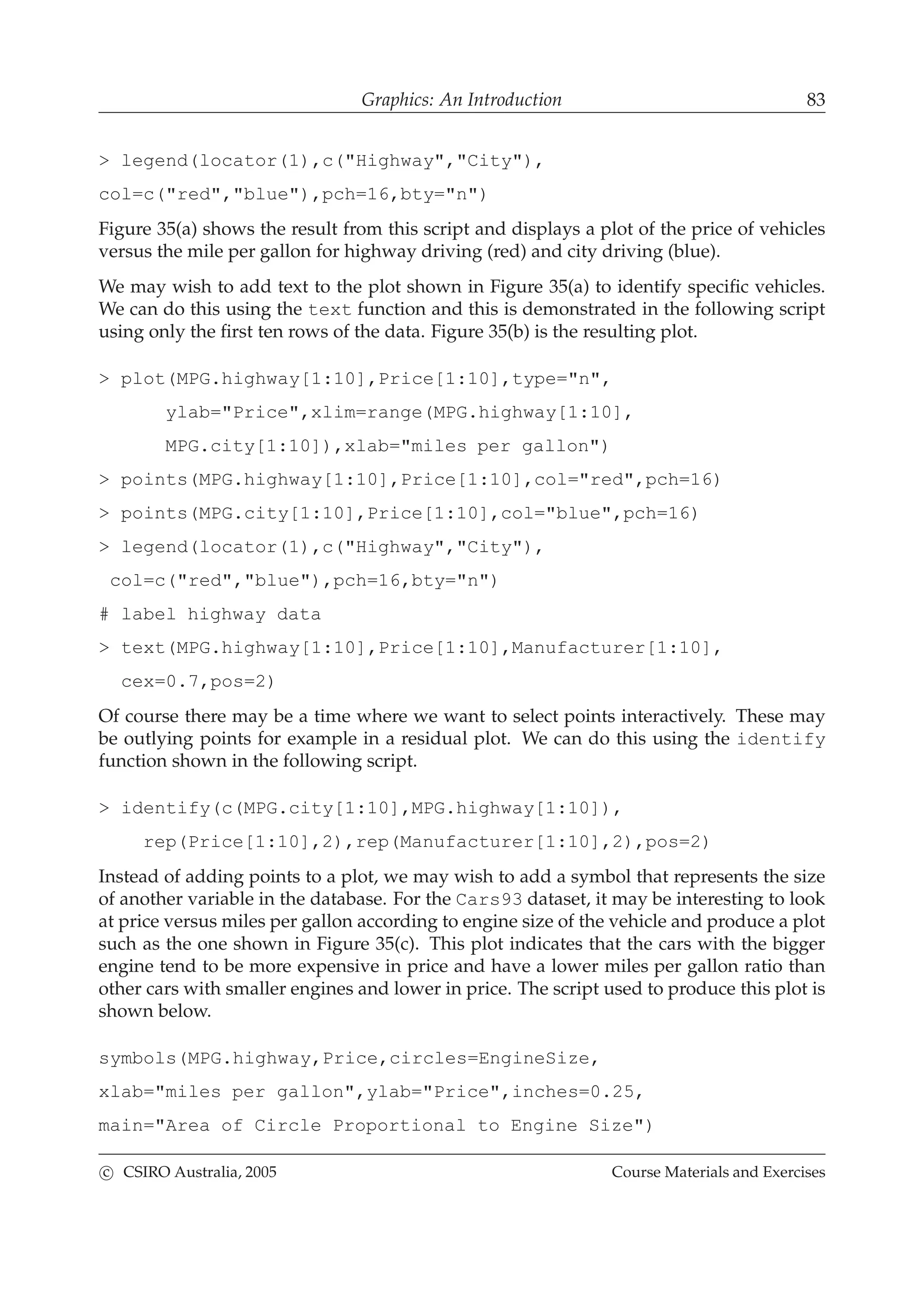 Graphics: An Introduction 83
> legend(locator(1),c("Highway","City"),
col=c("red","blue"),pch=16,bty="n")
Figure 35(a) shows the result from this script and displays a plot of the price of vehicles
versus the mile per gallon for highway driving (red) and city driving (blue).
We may wish to add text to the plot shown in Figure 35(a) to identify speciﬁc vehicles.
We can do this using the text function and this is demonstrated in the following script
using only the ﬁrst ten rows of the data. Figure 35(b) is the resulting plot.
> plot(MPG.highway[1:10],Price[1:10],type="n",
ylab="Price",xlim=range(MPG.highway[1:10],
MPG.city[1:10]),xlab="miles per gallon")
> points(MPG.highway[1:10],Price[1:10],col="red",pch=16)
> points(MPG.city[1:10],Price[1:10],col="blue",pch=16)
> legend(locator(1),c("Highway","City"),
col=c("red","blue"),pch=16,bty="n")
# label highway data
> text(MPG.highway[1:10],Price[1:10],Manufacturer[1:10],
cex=0.7,pos=2)
Of course there may be a time where we want to select points interactively. These may
be outlying points for example in a residual plot. We can do this using the identify
function shown in the following script.
> identify(c(MPG.city[1:10],MPG.highway[1:10]),
rep(Price[1:10],2),rep(Manufacturer[1:10],2),pos=2)
Instead of adding points to a plot, we may wish to add a symbol that represents the size
of another variable in the database. For the Cars93 dataset, it may be interesting to look
at price versus miles per gallon according to engine size of the vehicle and produce a plot
such as the one shown in Figure 35(c). This plot indicates that the cars with the bigger
engine tend to be more expensive in price and have a lower miles per gallon ratio than
other cars with smaller engines and lower in price. The script used to produce this plot is
shown below.
symbols(MPG.highway,Price,circles=EngineSize,
xlab="miles per gallon",ylab="Price",inches=0.25,
main="Area of Circle Proportional to Engine Size")
c CSIRO Australia, 2005 Course Materials and Exercises
 
