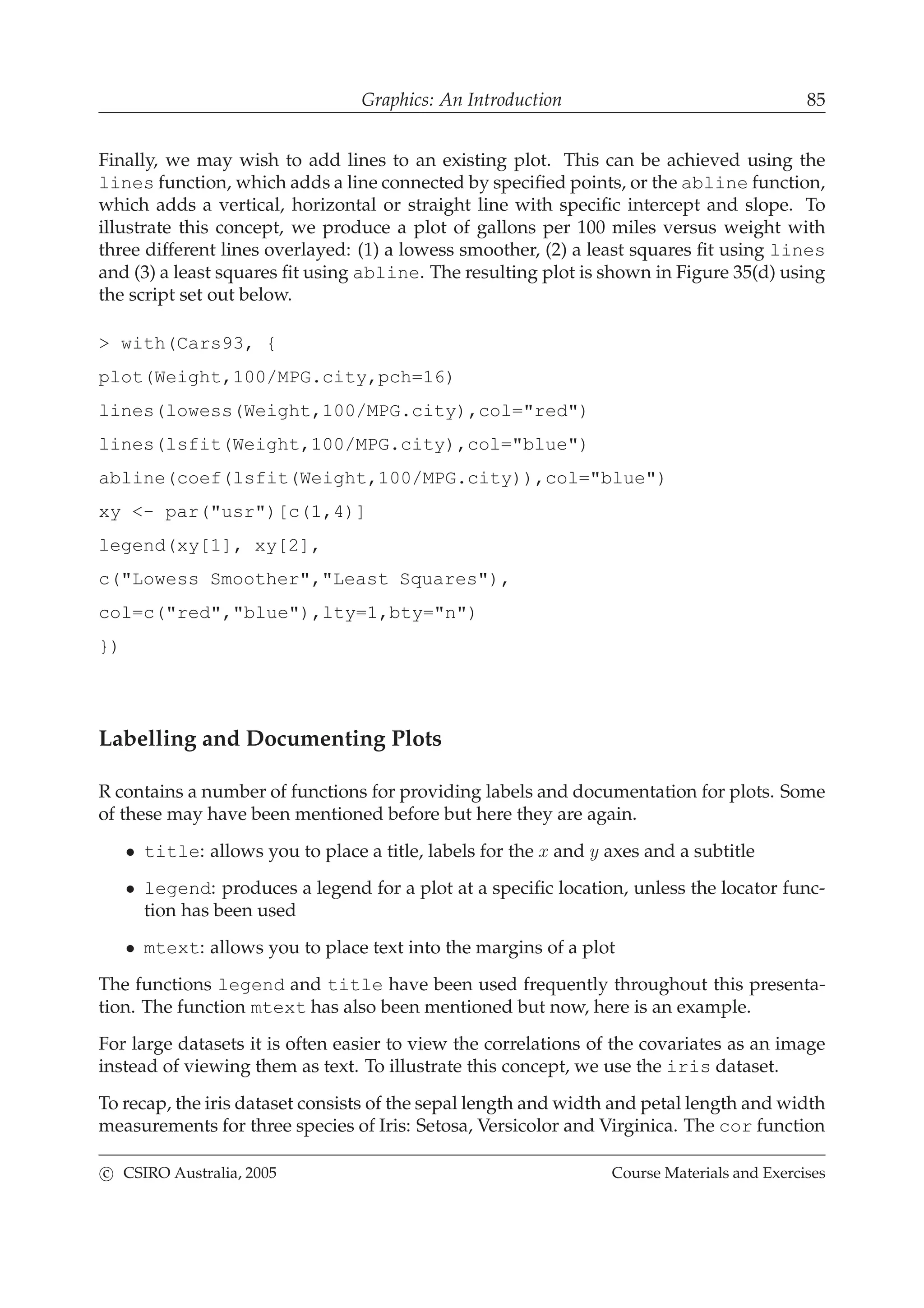 Graphics: An Introduction 85
Finally, we may wish to add lines to an existing plot. This can be achieved using the
lines function, which adds a line connected by speciﬁed points, or the abline function,
which adds a vertical, horizontal or straight line with speciﬁc intercept and slope. To
illustrate this concept, we produce a plot of gallons per 100 miles versus weight with
three different lines overlayed: (1) a lowess smoother, (2) a least squares ﬁt using lines
and (3) a least squares ﬁt using abline. The resulting plot is shown in Figure 35(d) using
the script set out below.
> with(Cars93, {
plot(Weight,100/MPG.city,pch=16)
lines(lowess(Weight,100/MPG.city),col="red")
lines(lsfit(Weight,100/MPG.city),col="blue")
abline(coef(lsfit(Weight,100/MPG.city)),col="blue")
xy <- par("usr")[c(1,4)]
legend(xy[1], xy[2],
c("Lowess Smoother","Least Squares"),
col=c("red","blue"),lty=1,bty="n")
})
Labelling and Documenting Plots
R contains a number of functions for providing labels and documentation for plots. Some
of these may have been mentioned before but here they are again.
• title: allows you to place a title, labels for the x and y axes and a subtitle
• legend: produces a legend for a plot at a speciﬁc location, unless the locator func-
tion has been used
• mtext: allows you to place text into the margins of a plot
The functions legend and title have been used frequently throughout this presenta-
tion. The function mtext has also been mentioned but now, here is an example.
For large datasets it is often easier to view the correlations of the covariates as an image
instead of viewing them as text. To illustrate this concept, we use the iris dataset.
To recap, the iris dataset consists of the sepal length and width and petal length and width
measurements for three species of Iris: Setosa, Versicolor and Virginica. The cor function
c CSIRO Australia, 2005 Course Materials and Exercises
 