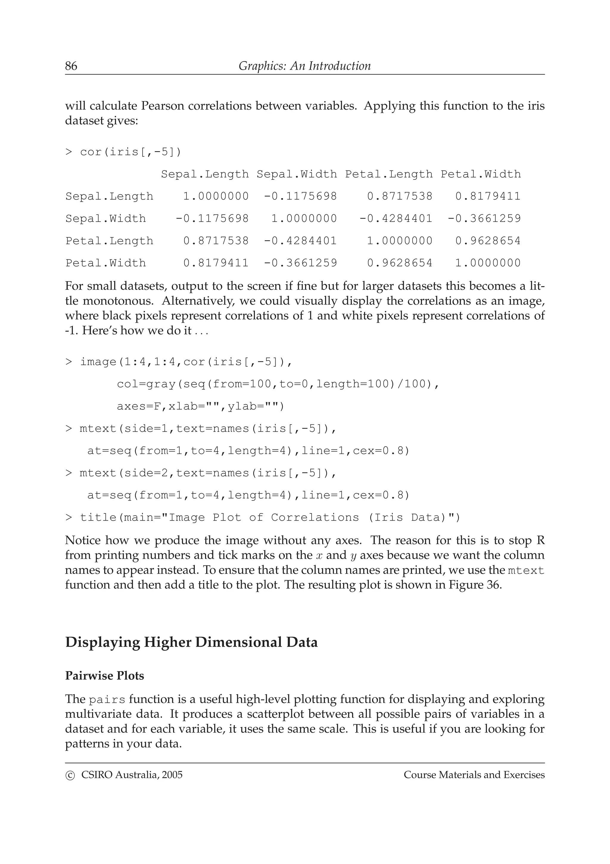 86 Graphics: An Introduction
will calculate Pearson correlations between variables. Applying this function to the iris
dataset gives:
> cor(iris[,-5])
Sepal.Length Sepal.Width Petal.Length Petal.Width
Sepal.Length 1.0000000 -0.1175698 0.8717538 0.8179411
Sepal.Width -0.1175698 1.0000000 -0.4284401 -0.3661259
Petal.Length 0.8717538 -0.4284401 1.0000000 0.9628654
Petal.Width 0.8179411 -0.3661259 0.9628654 1.0000000
For small datasets, output to the screen if ﬁne but for larger datasets this becomes a lit-
tle monotonous. Alternatively, we could visually display the correlations as an image,
where black pixels represent correlations of 1 and white pixels represent correlations of
-1. Here’s how we do it . . .
> image(1:4,1:4,cor(iris[,-5]),
col=gray(seq(from=100,to=0,length=100)/100),
axes=F,xlab="",ylab="")
> mtext(side=1,text=names(iris[,-5]),
at=seq(from=1,to=4,length=4),line=1,cex=0.8)
> mtext(side=2,text=names(iris[,-5]),
at=seq(from=1,to=4,length=4),line=1,cex=0.8)
> title(main="Image Plot of Correlations (Iris Data)")
Notice how we produce the image without any axes. The reason for this is to stop R
from printing numbers and tick marks on the x and y axes because we want the column
names to appear instead. To ensure that the column names are printed, we use the mtext
function and then add a title to the plot. The resulting plot is shown in Figure 36.
Displaying Higher Dimensional Data
Pairwise Plots
The pairs function is a useful high-level plotting function for displaying and exploring
multivariate data. It produces a scatterplot between all possible pairs of variables in a
dataset and for each variable, it uses the same scale. This is useful if you are looking for
patterns in your data.
c CSIRO Australia, 2005 Course Materials and Exercises
 