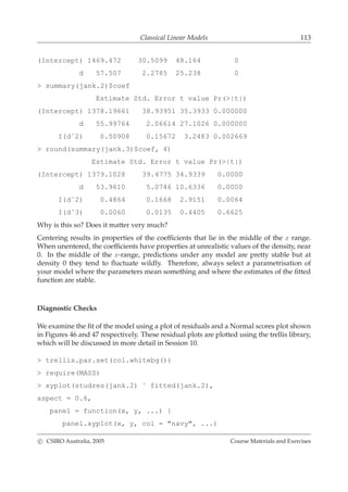 Classical Linear Models 113
(Intercept) 1469.472 30.5099 48.164 0
d 57.507 2.2785 25.238 0
> summary(jank.2)$coef
Estimate Std. Error t value Pr(>|t|)
(Intercept) 1378.19661 38.93951 35.3933 0.000000
d 55.99764 2.06614 27.1026 0.000000
I(dˆ2) 0.50908 0.15672 3.2483 0.002669
> round(summary(jank.3)$coef, 4)
Estimate Std. Error t value Pr(>|t|)
(Intercept) 1379.1028 39.4775 34.9339 0.0000
d 53.9610 5.0746 10.6336 0.0000
I(dˆ2) 0.4864 0.1668 2.9151 0.0064
I(dˆ3) 0.0060 0.0135 0.4405 0.6625
Why is this so? Does it matter very much?
Centering results in properties of the coefﬁcients that lie in the middle of the x range.
When unentered, the coefﬁcients have properties at unrealistic values of the density, near
0. In the middle of the x-range, predictions under any model are pretty stable but at
density 0 they tend to ﬂuctuate wildly. Therefore, always select a parametrisation of
your model where the parameters mean something and where the estimates of the ﬁtted
function are stable.
Diagnostic Checks
We examine the ﬁt of the model using a plot of residuals and a Normal scores plot shown
in Figures 46 and 47 respectively. These residual plots are plotted using the trellis library,
which will be discussed in more detail in Session 10.
> trellis.par.set(col.whitebg())
> require(MASS)
> xyplot(studres(jank.2) ˜ fitted(jank.2),
aspect = 0.6,
panel = function(x, y, ...) {
panel.xyplot(x, y, col = "navy", ...)
c CSIRO Australia, 2005 Course Materials and Exercises
 