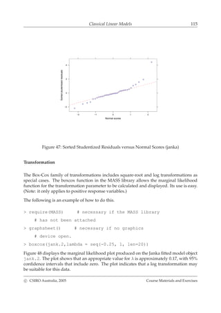 Classical Linear Models 115
Normal scores
Sortedstudentizedresiduals
−2 −1 0 1 2
−2
0
2
4
Figure 47: Sorted Studentized Residuals versus Normal Scores (janka)
Transformation
The Box-Cox family of transformations includes square-root and log transformations as
special cases. The boxcox function in the MASS library allows the marginal likelihood
function for the transformation parameter to be calculated and displayed. Its use is easy.
(Note: it only applies to positive response variables.)
The following is an example of how to do this.
> require(MASS) # necessary if the MASS library
# has not been attached
> graphsheet() # necessary if no graphics
# device open.
> boxcox(jank.2,lambda = seq(-0.25, 1, len=20))
Figure 48 displays the marginal likelihood plot produced on the Janka ﬁtted model object
jank.2. The plot shows that an appropriate value for λ is approximately 0.17, with 95%
conﬁdence intervals that include zero. The plot indicates that a log transformation may
be suitable for this data.
c CSIRO Australia, 2005 Course Materials and Exercises
 