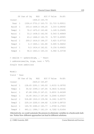 Classical Linear Models 119
Df Sum of Sq RSS AIC F Value Pr(F)
<none> 1404.8 143.79
Year 1 1326.4 2731.2 163.73 21.715 0.00011
Rain0 1 203.6 1608.4 146.25 3.333 0.08092
Temp1 1 70.2 1475.0 143.40 1.149 0.29495
Rain1 1 33.2 1438.0 142.56 0.543 0.46869
Temp2 1 43.2 1448.0 142.79 0.707 0.40905
Rain2 1 209.2 1614.0 146.37 3.425 0.07710
Temp3 1 0.3 1405.1 141.80 0.005 0.94652
Rain3 1 9.5 1414.4 142.01 0.156 0.69655
Temp4 1 58.6 1463.5 143.14 0.960 0.33738
> smallm <- update(bigm, . ˜ Year)
> addterm(smallm, bigm, test = "F")
Single term additions
Model:
Yield ˜ Year
Df Sum of Sq RSS AIC F Value Pr(F)
<none> 2429.8 145.87
Rain0 1 138.65 2291.1 145.93 1.8155 0.18793
Temp1 1 30.52 2399.3 147.45 0.3816 0.54141
Rain1 1 47.88 2381.9 147.21 0.6031 0.44349
Temp2 1 16.45 2413.3 147.64 0.2045 0.65437
Rain2 1 518.88 1910.9 139.94 8.1461 0.00775
Temp3 1 229.14 2200.6 144.60 3.1238 0.08733
Rain3 1 149.78 2280.0 145.77 1.9708 0.17063
Temp4 1 445.11 1984.7 141.19 6.7282 0.01454
Alternatively, we could automate the process to eliminate variables in a backwards fash-
ion. Notice how different approaches can lead to different solutions.
c CSIRO Australia, 2005 Course Materials and Exercises
 