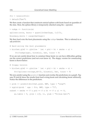 154 Generalized Linear Modelling
ftv = levels(ftv))
> detach("bwt")
We then create a function that constructs natural splines with knots based on quantiles of
the data. Here, the splines library is temporarily attached using the :: operator.
> nsAge <- function(x)
splines::ns(x, knots = quantile(bwt$age, 1:2/3),
Boundary.knots = range(bwt$age))
We then hard wire the knot placements using the nsAge function. This is referred to as
safe prediction.
# Hard wiring the knot placements
> birthwt.glm2 <- glm(low ˜ lwt + ptd + ht + smoke * ui +
ftv/nsAge(age), binomial, bwt, trace = F)
If we are not careful about how to construct these knots we can have difﬁculties getting
out the correct predictions (and not even know it). The sloppy version for constructing
knots is shown below:
# Sloppy version
> birthwt.glm2 <- glm(low ˜ lwt + ptd + ht + smoke * ui +
ftv/splines::ns(age,df=3), binomial, bwt, trace = F)
We now predict using the predict function and overlay the predictions on a graph. Fig-
ures 59 and 60 show the results from hard wiring knots and calculating knots arbitrarily.
Notice the differences in the predictions.
> prob <- predict(birthwt.glm2, BWT, type = "resp")
> xyplot(prob ˜ age | ftv, BWT, type = "l",
subset = smoke == F & ptd == F & ht == F & ui == F,
as.table = T, ylim = c(0, 1), ylab = "Pr(Low bwt)")
c CSIRO Australia, 2005 Course Materials and Exercises
 