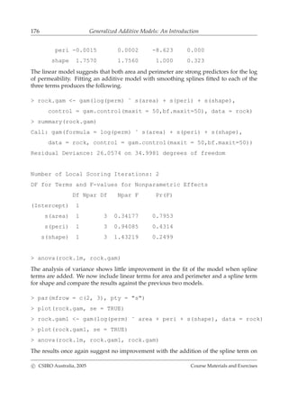 176 Generalized Additive Models: An Introduction
peri -0.0015 0.0002 -8.623 0.000
shape 1.7570 1.7560 1.000 0.323
The linear model suggests that both area and perimeter are strong predictors for the log
of permeability. Fitting an additive model with smoothing splines ﬁtted to each of the
three terms produces the following.
> rock.gam <- gam(log(perm) ˜ s(area) + s(peri) + s(shape),
control = gam.control(maxit = 50,bf.maxit=50), data = rock)
> summary(rock.gam)
Call: gam(formula = log(perm) ˜ s(area) + s(peri) + s(shape),
data = rock, control = gam.control(maxit = 50,bf.maxit=50))
Residual Deviance: 26.0574 on 34.9981 degrees of freedom
Number of Local Scoring Iterations: 2
DF for Terms and F-values for Nonparametric Effects
Df Npar Df Npar F Pr(F)
(Intercept) 1
s(area) 1 3 0.34177 0.7953
s(peri) 1 3 0.94085 0.4314
s(shape) 1 3 1.43219 0.2499
> anova(rock.lm, rock.gam)
The analysis of variance shows little improvement in the ﬁt of the model when spline
terms are added. We now include linear terms for area and perimeter and a spline term
for shape and compare the results against the previous two models.
> par(mfrow = c(2, 3), pty = "s")
> plot(rock.gam, se = TRUE)
> rock.gam1 <- gam(log(perm) ˜ area + peri + s(shape), data = rock)
> plot(rock.gam1, se = TRUE)
> anova(rock.lm, rock.gam1, rock.gam)
The results once again suggest no improvement with the addition of the spline term on
c CSIRO Australia, 2005 Course Materials and Exercises
 