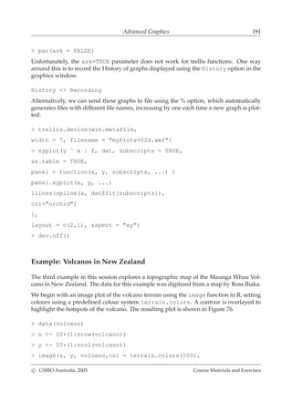 Advanced Graphics 191
> par(ask = FALSE)
Unfortunately, the ask=TRUE parameter does not work for trellis functions. One way
around this is to record the History of graphs displayed using the History option in the
graphics window.
History -> Recording
Alternatively, we can send these graphs to ﬁle using the % option, which automatically
generates ﬁles with different ﬁle names, increasing by one each time a new graph is plot-
ted.
> trellis.device(win.metafile,
width = 7, filename = "myPlots%02d.wmf")
> xyplot(y ˜ x | f, dat, subscripts = TRUE,
as.table = TRUE,
panel = function(x, y, subscripts, ...) {
panel.xyplot(x, y, ...)
llines(spline(x, dat$fit[subscripts]),
col="orchid")
},
layout = c(2,1), aspect = "xy")
> dev.off()
Example: Volcanos in New Zealand
The third example in this session explores a topographic map of the Maunga Whau Vol-
cano in New Zealand. The data for this example was digitized from a map by Ross Ihaka.
We begin with an image plot of the volcano terrain using the image function in R, setting
colours using a predeﬁned colour system terrain.colors. A contour is overlayed to
highlight the hotspots of the volcano. The resulting plot is shown in Figure 76.
> data(volcano)
> x <- 10*(1:nrow(volcano))
> y <- 10*(1:ncol(volcano))
> image(x, y, volcano,col = terrain.colors(100),
c CSIRO Australia, 2005 Course Materials and Exercises
 