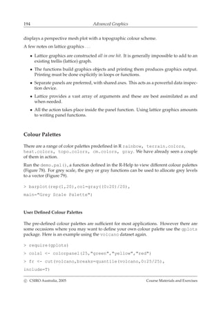 194 Advanced Graphics
displays a perspective mesh plot with a topographic colour scheme.
A few notes on lattice graphics . . .
• Lattice graphics are constructed all in one hit. It is generally impossible to add to an
existing trellis (lattice) graph.
• The functions build graphics objects and printing them produces graphics output.
Printing must be done explicitly in loops or functions.
• Separate panels are preferred, with shared axes. This acts as a powerful data inspec-
tion device.
• Lattice provides a vast array of arguments and these are best assimilated as and
when needed.
• All the action takes place inside the panel function. Using lattice graphics amounts
to writing panel functions.
Colour Palettes
There are a range of color palettes predeﬁned in R rainbow, terrain.colors,
heat.colors, topo.colors, cm.colors, gray. We have already seen a couple
of them in action.
Run the demo.pal(), a function deﬁned in the R-Help to view different colour palettes
(Figure 78). For grey scale, the grey or gray functions can be used to allocate grey levels
to a vector (Figure 79).
> barplot(rep(1,20),col=gray((0:20)/20),
main="Grey Scale Palette")
User Deﬁned Colour Palettes
The pre-deﬁned colour palettes are sufﬁcient for most applications. However there are
some occasions where you may want to deﬁne your own colour palette use the gplots
package. Here is an example using the volcano dataset again.
> require(gplots)
> cols1 <- colorpanel(25,"green","yellow","red")
> fr <- cut(volcano,breaks=quantile(volcano,0:25/25),
include=T)
c CSIRO Australia, 2005 Course Materials and Exercises
 