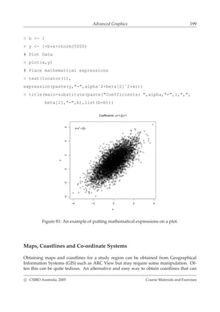 Advanced Graphics 199
> b <- 1
> y <- 1+b*x+rnorm(5000)
# Plot Data
> plot(x,y)
# Place mathematical expressions
> text(locator(1),
expression(paste(y,"=",alphaˆ2+beta[2]ˆ2*x)))
> title(main=substitute(paste("Coefficients: ",alpha,"=",1,",",
beta[2],"=",b),list(b=b)))
−4 −2 0 2 4
−4−20246
x
y
y=α2
+ β2
2
x
Coefficients: α=1,β2=1
Figure 81: An example of putting mathematical expressions on a plot.
Maps, Coastlines and Co-ordinate Systems
Obtaining maps and coastlines for a study region can be obtained from Geographical
Information Systems (GIS) such as ARC View but may require some manipulation. Of-
ten this can be quite tedious. An alternative and easy way to obtain coastlines that can
c CSIRO Australia, 2005 Course Materials and Exercises
 