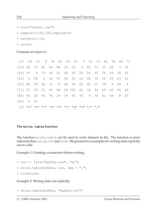 210 Importing and Exporting
> sink("output.txt")
> sample(1:100,100,replace=T)
> letters[1:10]
> sink()
Contents of output.txt
[1] 29 19 8 35 82 29 35 3 61 19 45 58 49 71
[15] 38 31 82 64 64 16 19 8 26 73 33 40 3 35
[29] 25 9 13 16 52 40 63 59 24 22 78 16 34 50
[43] 5 54 2 22 67 96 33 52 50 72 56 43 23 81
[57] 68 95 56 15 6 42 89 82 92 10 79 4 99 8
[71] 57 29 72 87 98 24 100 82 38 59 69 40 45 40
[85] 56 18 45 76 29 76 35 74 8 76 41 69 8 29
[99] 9 27
[1] "a" "b" "c" "d" "e" "f" "g" "h" "i" "j"
The write.table Function
The function write.table can be used to write datasets to ﬁle. The function is more
elaborate than cat, print and sink. We present two examples for writing data explicitly
out to a ﬁle.
Example 1: Creating a connection before writing
> con <- file("myData.csv", "w+")
> write.table(myData, con, sep = ",")
> close(con)
Example 2: Writing data out explicitly
> write.table(myData, "myData.txt")
c CSIRO Australia, 2005 Course Materials and Exercises
 