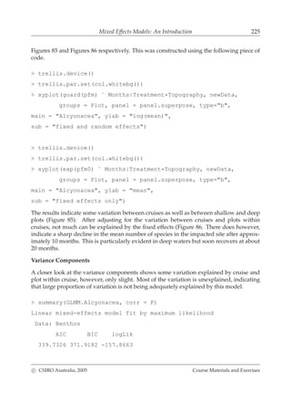 Mixed Effects Models: An Introduction 225
Figures 85 and Figures 86 respectively. This was constructed using the following piece of
code.
> trellis.device()
> trellis.par.set(col.whitebg())
> xyplot(guard(pfm) ˜ Months|Treatment*Topography, newData,
groups = Plot, panel = panel.superpose, type="b",
main = "Alcyonacea", ylab = "log(mean)",
sub = "fixed and random effects")
> trellis.device()
> trellis.par.set(col.whitebg())
> xyplot(exp(pfm0) ˜ Months|Treatment*Topography, newData,
groups = Plot, panel = panel.superpose, type="b",
main = "Alcyonacea", ylab = "mean",
sub = "fixed effects only")
The results indicate some variation between cruises as well as between shallow and deep
plots (Figure 85). After adjusting for the variation between cruises and plots within
cruises, not much can be explained by the ﬁxed effects (Figure 86. There does however,
indicate a sharp decline in the mean number of species in the impacted site after approx-
imately 10 months. This is particularly evident in deep waters but soon recovers at about
20 months.
Variance Components
A closer look at the variance components shows some variation explained by cruise and
plot within cruise, however, only slight. Most of the variation is unexplained, indicating
that large proportion of variation is not being adequately explained by this model.
> summary(GLMM.Alcyonacea, corr = F)
Linear mixed-effects model fit by maximum likelihood
Data: Benthos
AIC BIC logLik
339.7326 371.9182 -157.8663
c CSIRO Australia, 2005 Course Materials and Exercises
 