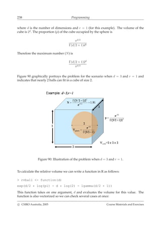 238 Programming
where d is the number of dimensions and r = 1 (for this example). The volume of the
cube is 2d
. The proportion (p) of the cube occupied by the sphere is
πd/2
Γ(d/2 + 1)d2
Therefore the maximum number (N) is
Γ(d/2 + 1)2d
πd/2
Figure 90 graphically portrays the problem for the scenario when d = 3 and r = 1 and
indicates that nearly 2 balls can ﬁt in a cube of size 2.
Figure 90: Illustration of the problem when d = 3 and r = 1.
To calculate the relative volume we can write a function in R as follows:
> rvball <- function(d)
exp(d/2 * log(pi) - d * log(2) - lgamma(d/2 + 1))
This function takes on one argument, d and evaluates the volume for this value. The
function is also vectorized so we can check several cases at once:
c CSIRO Australia, 2005 Course Materials and Exercises
 