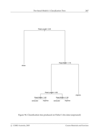 Tree-based Models I: Classiﬁcation Trees 267
|
Petal.Length< 2.45
Petal.Width< 1.75
Petal.Length< 4.95
Petal.Width< 1.65 Petal.Width>=1.55
setosa
versicolor virginica versicolor virginica
virginica
Figure 96: Classiﬁcation tree produced on Fisher’s Iris data (unpruned)
c CSIRO Australia, 2005 Course Materials and Exercises
 