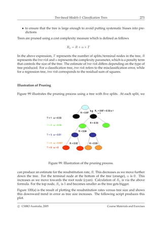 Tree-based Models I: Classiﬁcation Trees 271
• to ensure that the tree is large enough to avoid putting systematic biases into pre-
dictions
Trees are pruned using a cost complexity measure which is deﬁned as follows
Rα = R + α × T
In the above expression, T represents the number of splits/terminal nodes in the tree, R
represents the tree risk and α represents the complexity parameter, which is a penalty term
that controls the size of the tree. The estimate of tree risk differs depending on the type of
tree produced. For a classiﬁcation tree, tree risk refers to the misclassiﬁcation error, while
for a regression tree, tree risk corresponds to the residual sum of squares.
Illustration of Pruning
Figure 99 illustrates the pruning process using a tree with ﬁve splits. At each split, we
Figure 99: Illustration of the pruning process.
can produce an estimate for the resubstitution rate, R. This decreases as we move further
down the tree. For the terminal node at the bottom of the tree (orange), α is 0. This
increases as we move towards the root node (cyan). Calculation of Rα is via the above
formula. For the top node, Rα is 1 and becomes smaller as the tree gets bigger.
Figure 100(a) is the result of plotting the resubstitution rates versus tree size and shows
this downward trend in error as tree size increases. The following script produces this
plot.
c CSIRO Australia, 2005 Course Materials and Exercises
 
