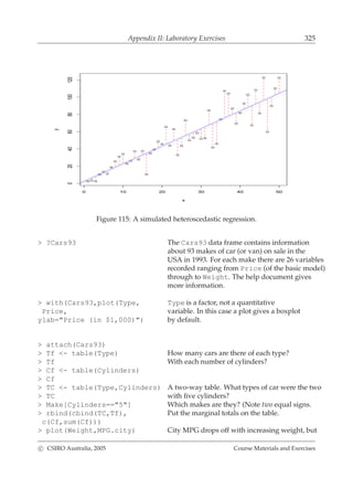 Appendix II: Laboratory Exercises 325
0 10 20 30 40 50
020406080100120
x
y
Figure 115: A simulated heteroscedastic regression.
> ?Cars93 The Cars93 data frame contains information
about 93 makes of car (or van) on sale in the
USA in 1993. For each make there are 26 variables
recorded ranging from Price (of the basic model)
through to Weight. The help document gives
more information.
> with(Cars93,plot(Type, Type is a factor, not a quantitative
Price, variable. In this case a plot gives a boxplot
ylab="Price (in $1,000)") by default.
> attach(Cars93)
> Tf <- table(Type) How many cars are there of each type?
> Tf With each number of cylinders?
> Cf <- table(Cylinders)
> Cf
> TC <- table(Type,Cylinders) A two-way table. What types of car were the two
> TC with ﬁve cylinders?
> Make[Cylinders=="5"] Which makes are they? (Note two equal signs.
> rbind(cbind(TC,Tf), Put the marginal totals on the table.
c(Cf,sum(Cf)))
> plot(Weight,MPG.city) City MPG drops off with increasing weight, but
c CSIRO Australia, 2005 Course Materials and Exercises
 