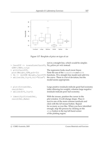 Appendix II: Laboratory Exercises 327
Compact Large Midsize Small Sporty Van
102030405060
Price(in$1,000)
Figure 117: Boxplots of price on type of car
not in a straight line, which would be simpler.
> Cars93T <- transform(Cars93, Try gallons per mile instead.
GPM=1/MPG.city)
> with(Cars93T, The regression looks much more linear.
plot(Weight,GPM,pch=3)) Note the use of the transform and with
> fm <- lm(GPM Weight,Cars93T) functions. Fit a straight line model and add it to
> abline(fm,lty=4,col="blue") the curve. There is a lot of deviation, but the
model seems appropriate.
> plot(fitted(fm), Large positive residuals indicate good fuel economy
resid(fm)) (after allowing for weight), whereas large negative
> abline(h=0,lty=2) residuals indicate poor fuel economy.
> identify(fitted(fm), With the mouse, position the cursor in the
resid(fm),Make) plot window. It will change shape. Place it
next to one of the more extreme residuals and
click with the left mouse button. Repeat
for as many as you like. When you have identiﬁed
enough, stop the process by clicking on the
stop button in the top left hand corner
of the plotting region.
c CSIRO Australia, 2005 Course Materials and Exercises
 