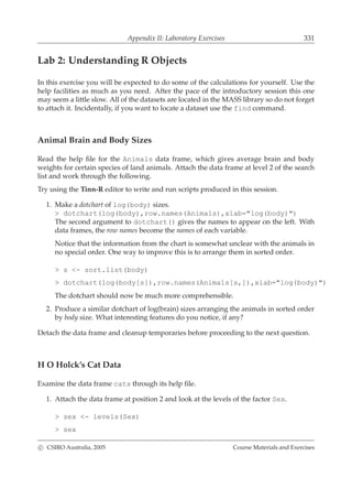 Appendix II: Laboratory Exercises 331
Lab 2: Understanding R Objects
In this exercise you will be expected to do some of the calculations for yourself. Use the
help facilities as much as you need. After the pace of the introductory session this one
may seem a little slow. All of the datasets are located in the MASS library so do not forget
to attach it. Incidentally, if you want to locate a dataset use the find command.
Animal Brain and Body Sizes
Read the help ﬁle for the Animals data frame, which gives average brain and body
weights for certain species of land animals. Attach the data frame at level 2 of the search
list and work through the following.
Try using the Tinn-R editor to write and run scripts produced in this session.
1. Make a dotchart of log(body) sizes.
> dotchart(log(body),row.names(Animals),xlab="log(body)")
The second argument to dotchart() gives the names to appear on the left. With
data frames, the row names become the names of each variable.
Notice that the information from the chart is somewhat unclear with the animals in
no special order. One way to improve this is to arrange them in sorted order.
> s <- sort.list(body)
> dotchart(log(body[s]),row.names(Animals[s,]),xlab="log(body)")
The dotchart should now be much more comprehensible.
2. Produce a similar dotchart of log(brain) sizes arranging the animals in sorted order
by body size. What interesting features do you notice, if any?
Detach the data frame and cleanup temporaries before proceeding to the next question.
H O Holck’s Cat Data
Examine the data frame cats through its help ﬁle.
1. Attach the data frame at position 2 and look at the levels of the factor Sex.
> sex <- levels(Sex)
> sex
c CSIRO Australia, 2005 Course Materials and Exercises
 
