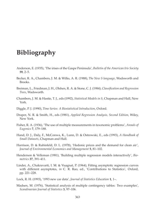 Bibliography
Anderson, E. (1935), ‘The irises of the Gaspe Peninsula’, Bulletin of the American Iris Society
59, 2–5.
Becker, R. A., Chambers, J. M. & Wilks, A. R. (1988), The New S language, Wadsworth and
Brooks.
Breiman, L., Friedman, J. H., Olshen, R. A. & Stone, C. J. (1984), Classiﬁcation and Regression
Trees, Wadsworth.
Chambers, J. M. & Hastie, T. J., eds (1992), Statistical Models in S, Chapman and Hall, New
York.
Diggle, P. J. (1990), Time Series: A Biostatistical Introduction, Oxford.
Draper, N. R. & Smith, H., eds (1981), Applied Regression Analysis, Second Edition, Wiley,
New York.
Fisher, R. A. (1936), ‘The use of multiple measurements in taxonomic problems’, Annals of
Eugenics 7, 179–188.
Hand, D. J., Daly, F., McConwa, K., Lunn, D. & Ostrowski, E., eds (1993), A Handbook of
Small Datasets, Chapman and Hall.
Harrison, D. & Rubinfeld, D. L. (1978), ‘Hedonic prices and the demand for clean air’,
Journal of Environmental Economics and Management 5, 81–102.
Henderson & Velleman (1981), ‘Building multiple regression models interactively’, Bio-
metrics 37, 391–411.
Linder, A., Chakravarti, I. M. & Vuagnat, P. (1964), Fitting asymptotic regression curves
with different asymptotes, in C. R. Rao, ed., ‘Contributions to Statistics’, Oxford,
pp. 221–228.
Lock, R. H. (1993), ‘1993 new car data’, Journal of Statistics Education 1, 1–.
Madsen, M. (1976), ‘Statistical analysis of multiple contingency tables: Two examples’,
Scandinavian Journal of Statistics 3, 97–106.
363
 