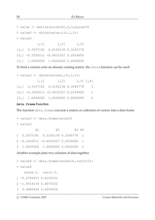 50 R Objects
> value <- matrix(rnorm(6),2,3,byrow=T)
> value2 <- rbind(value,c(1,1,2))
> value2
[,1] [,2] [,3]
[1,] 0.5037181 0.2142138 0.3245778
[2,] -0.3206511 -0.4632307 0.2654400
[3,] 1.0000000 1.0000000 2.0000000
To bind a column onto an already existing matrix, the cbind function can be used
> value3 <- cbind(value2,c(1,1,2))
[,1] [,2] [,3] [,4]
[1,] 0.5037181 0.2142138 0.3245778 1
[2,] -0.3206511 -0.4632307 0.2654400 1
[3,] 1.0000000 1.0000000 2.0000000 2
data.frame Function
The function data.frame converts a matrix or collection of vectors into a data frame
> value3 <- data.frame(value3)
> value3
X1 X2 X3 X4
1 0.5037181 0.2142138 0.3245778 1
2 -0.3206511 -0.4632307 0.2654400 1
3 1.0000000 1.0000000 2.0000000 2
Another example joins two columns of data together.
> value4 <- data.frame(rnorm(3),runif(3))
> value4
rnorm.3. runif.3.
1 -0.6786953 0.8105632
2 -1.4916136 0.6675202
3 0.4686428 0.6593426
c CSIRO Australia, 2005 Course Materials and Exercises
 