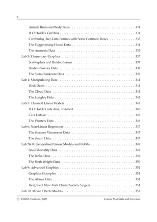 8
Animal Brain and Body Sizes . . . . . . . . . . . . . . . . . . . . . . . . . . . 331
H O Holck’s Cat Data . . . . . . . . . . . . . . . . . . . . . . . . . . . . . . . . 331
Combining Two Data Frames with Some Common Rows . . . . . . . . . . . 333
The Tuggeranong House Data . . . . . . . . . . . . . . . . . . . . . . . . . . . 334
The Anorexia Data . . . . . . . . . . . . . . . . . . . . . . . . . . . . . . . . . 335
Lab 3: Elementary Graphics . . . . . . . . . . . . . . . . . . . . . . . . . . . . . . . 337
Scatterplots and Related Issues . . . . . . . . . . . . . . . . . . . . . . . . . . 337
Student Survey Data . . . . . . . . . . . . . . . . . . . . . . . . . . . . . . . . 338
The Swiss Banknote Data . . . . . . . . . . . . . . . . . . . . . . . . . . . . . 339
Lab 4: Manipulating Data . . . . . . . . . . . . . . . . . . . . . . . . . . . . . . . . 341
Birth Dates . . . . . . . . . . . . . . . . . . . . . . . . . . . . . . . . . . . . . . 341
The Cloud Data . . . . . . . . . . . . . . . . . . . . . . . . . . . . . . . . . . . 341
The Longley Data . . . . . . . . . . . . . . . . . . . . . . . . . . . . . . . . . . 343
Lab 5: Classical Linear Models . . . . . . . . . . . . . . . . . . . . . . . . . . . . . 345
H O Holck’s cats data, revisited . . . . . . . . . . . . . . . . . . . . . . . . . . 345
Cars Dataset . . . . . . . . . . . . . . . . . . . . . . . . . . . . . . . . . . . . . 345
The Painters Data . . . . . . . . . . . . . . . . . . . . . . . . . . . . . . . . . . 346
Lab 6: Non-Linear Regression . . . . . . . . . . . . . . . . . . . . . . . . . . . . . . 347
The Stormer Viscometer Data . . . . . . . . . . . . . . . . . . . . . . . . . . . 347
The Steam Data . . . . . . . . . . . . . . . . . . . . . . . . . . . . . . . . . . . 347
Lab 7& 8: Generalized Linear Models and GAMs . . . . . . . . . . . . . . . . . . . 349
Snail Mortality Data . . . . . . . . . . . . . . . . . . . . . . . . . . . . . . . . 349
The Janka Data . . . . . . . . . . . . . . . . . . . . . . . . . . . . . . . . . . . 349
The Birth Weight Data . . . . . . . . . . . . . . . . . . . . . . . . . . . . . . . 350
Lab 9: Advanced Graphics . . . . . . . . . . . . . . . . . . . . . . . . . . . . . . . . 351
Graphics Examples . . . . . . . . . . . . . . . . . . . . . . . . . . . . . . . . . 351
The Akima Data . . . . . . . . . . . . . . . . . . . . . . . . . . . . . . . . . . . 351
Heights of New York Choral Society Singers . . . . . . . . . . . . . . . . . . 351
Lab 10: Mixed Effects Models . . . . . . . . . . . . . . . . . . . . . . . . . . . . . . 353
c CSIRO Australia, 2005 Course Materials and Exercises
 