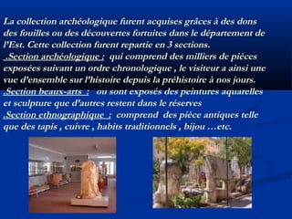 La collection archéologique furent acquises grâces à des dons
des fouilles ou des découvertes fortuites dans le département de
l’Est. Cette collection furent repartie en 3 sections.
.Section archéologique : qui comprend des milliers de pièces
exposées suivant un ordre chronologique , le visiteur a ainsi une
vue d’ensemble sur l’histoire depuis la préhistoire à nos jours.
.Section beaux-arts  : ou sont exposés des peintures aquarelles
et sculpture que d’autres restent dans le réserves
.Section ethnographique  : comprend des pièce antiques telle
que des tapis , cuivre , habits traditionnels , bijou …etc.

 